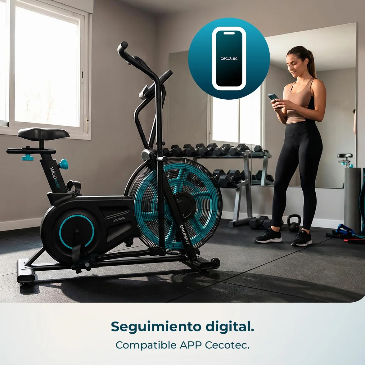 Cecotec Bicicleta de Aire Drumfit WOD Rider 2000 Eolo PRO. Ventilador 480mm, Resistencia Progresiva, Pantalla LCD Completa, Medidor de Pulso Integrado, Compatible APP Mambo, hasta 135kg