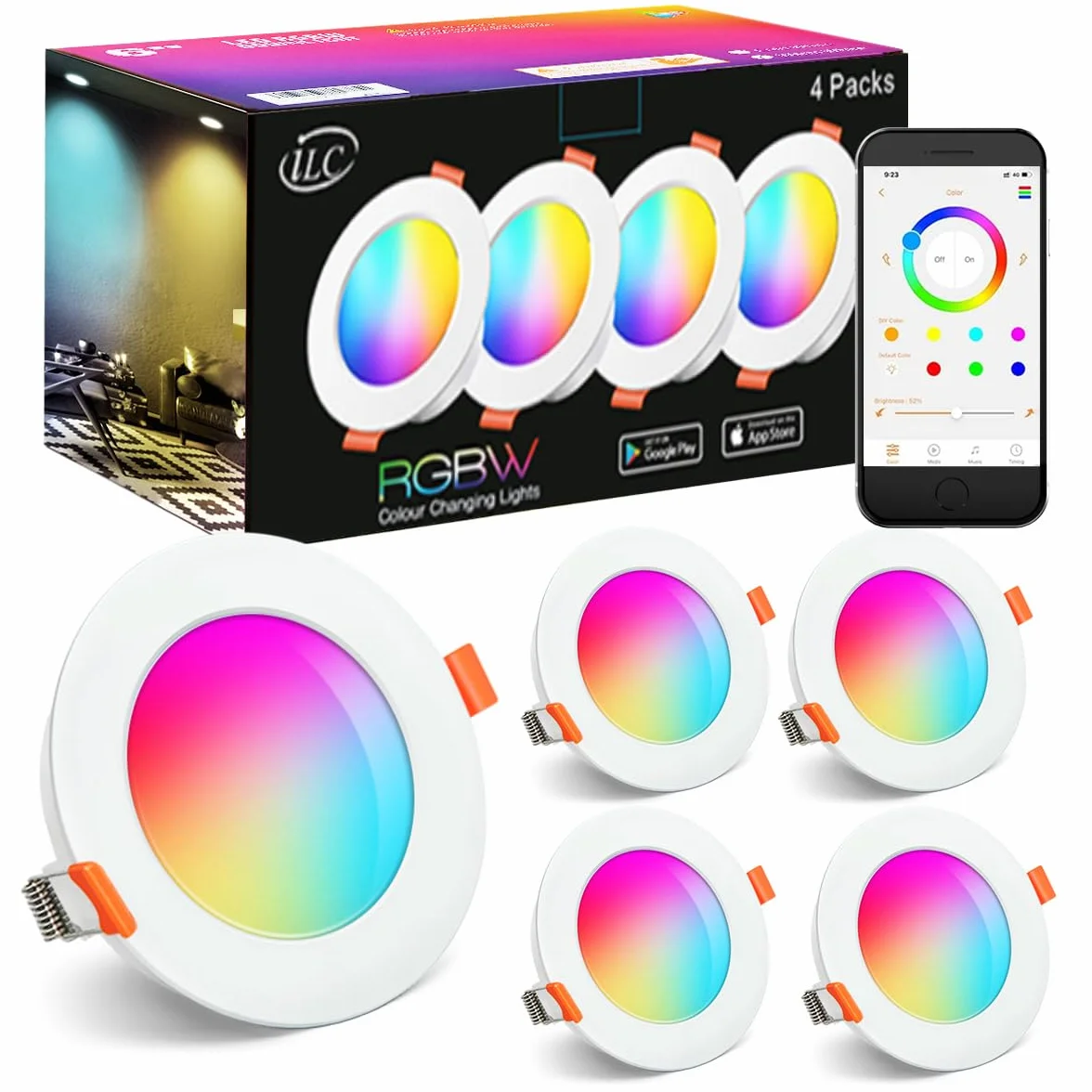 iLC Foco Empotrable LED Techo 8W Alexa Downlight 4 Unidades Corte Ф68-85mm 2700K-6000K RGB