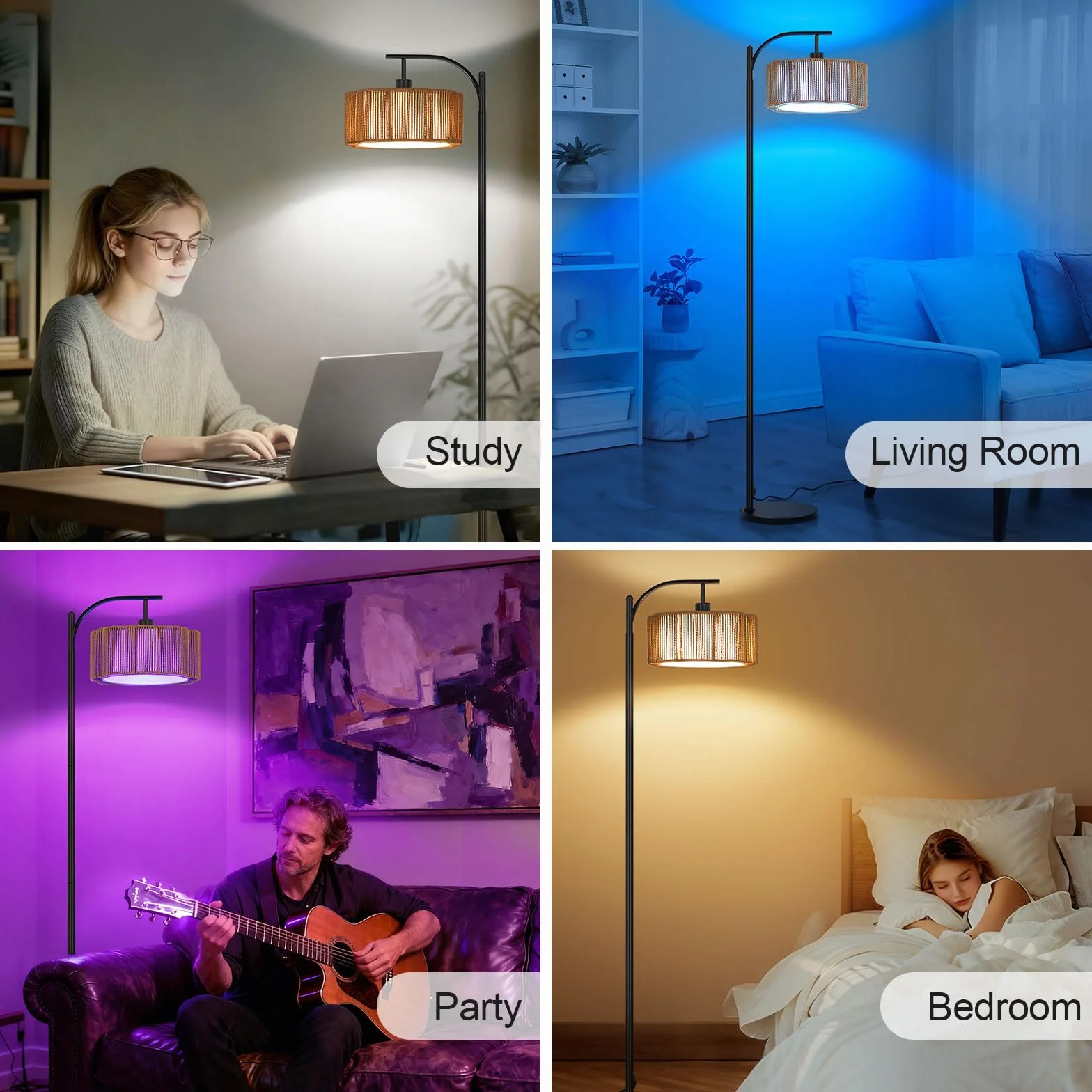 Lámpara de Pie RGB Regulable con APP y Mando, Ratán Boho Inteligente con Temporizador, Modo Música y DIY, Bombilla E27 Incluida