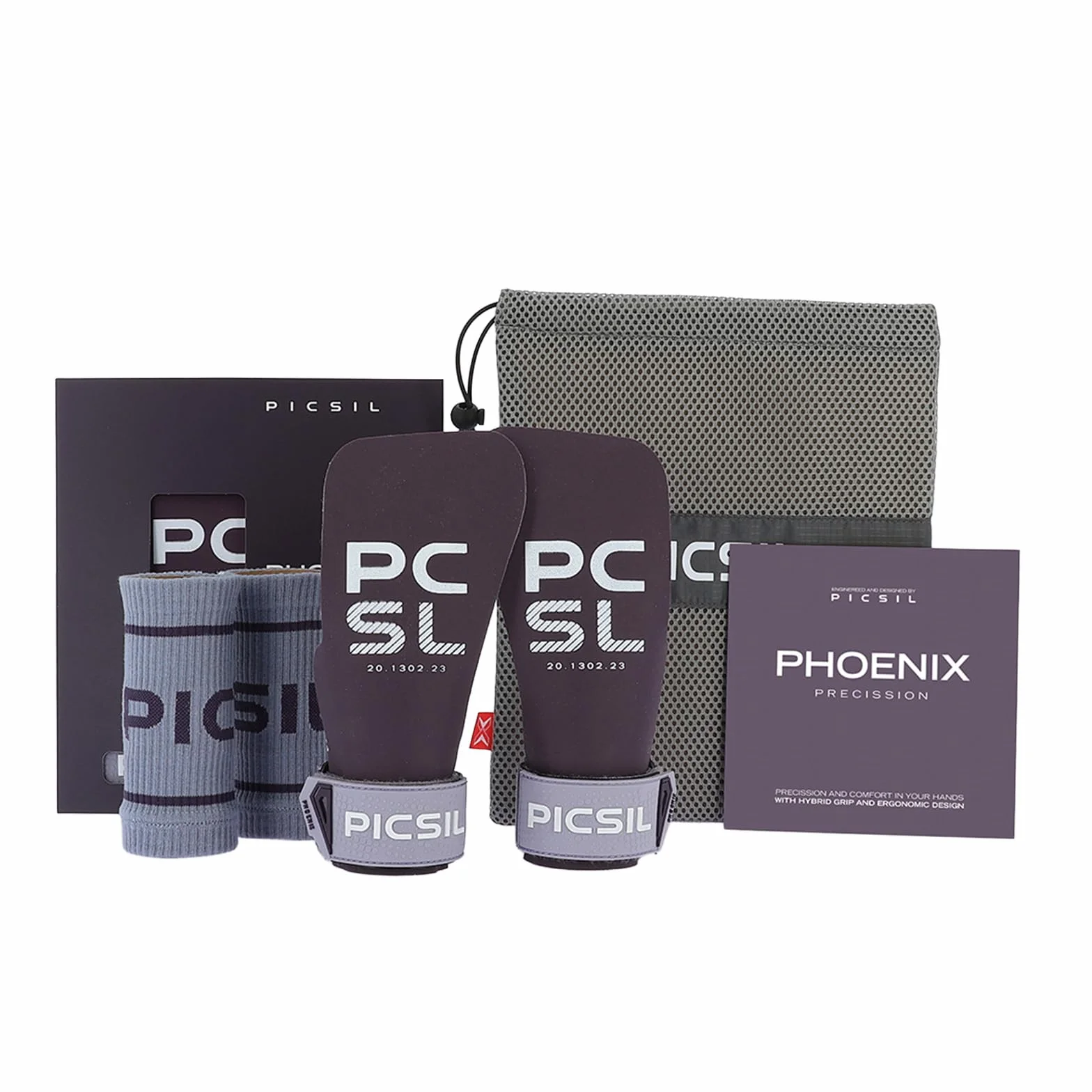 PICSIL Calleras Phoenix + Muñequeras + Bolsa, Uso Sin Magnesio, Agarre en Todas Superficies y Cualquier Tipo de Barra, Diseñadas para Todos los Atletas (Plum, G+)