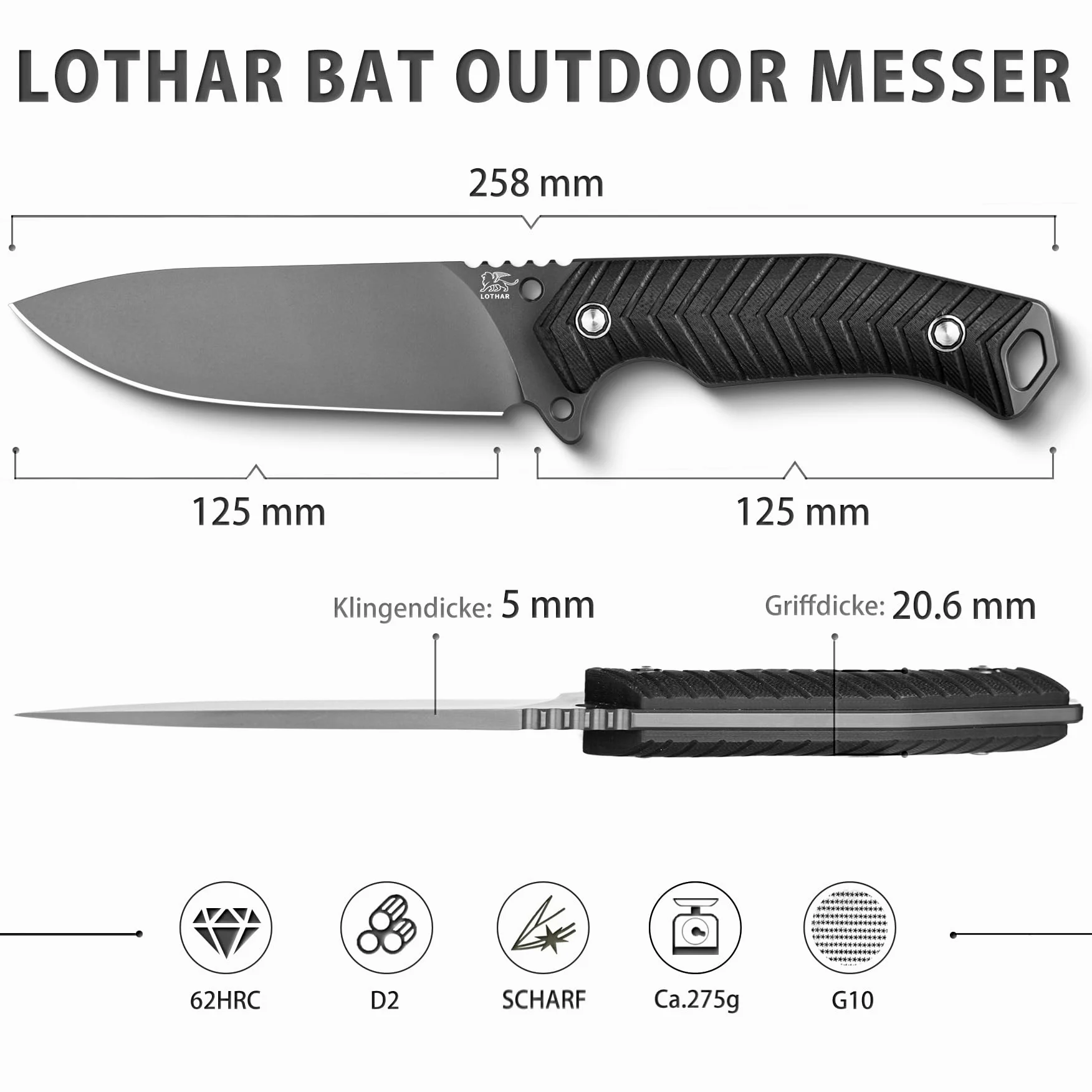 LOTHAR BAT Cuchillos de Hoja Fija, Couteau D'extérieur de Survie en Acier D2 avec Poignée en G10 et Étui Kydex, Idéal pour les Amateurs de Couteaux de Chasse en Plein Air