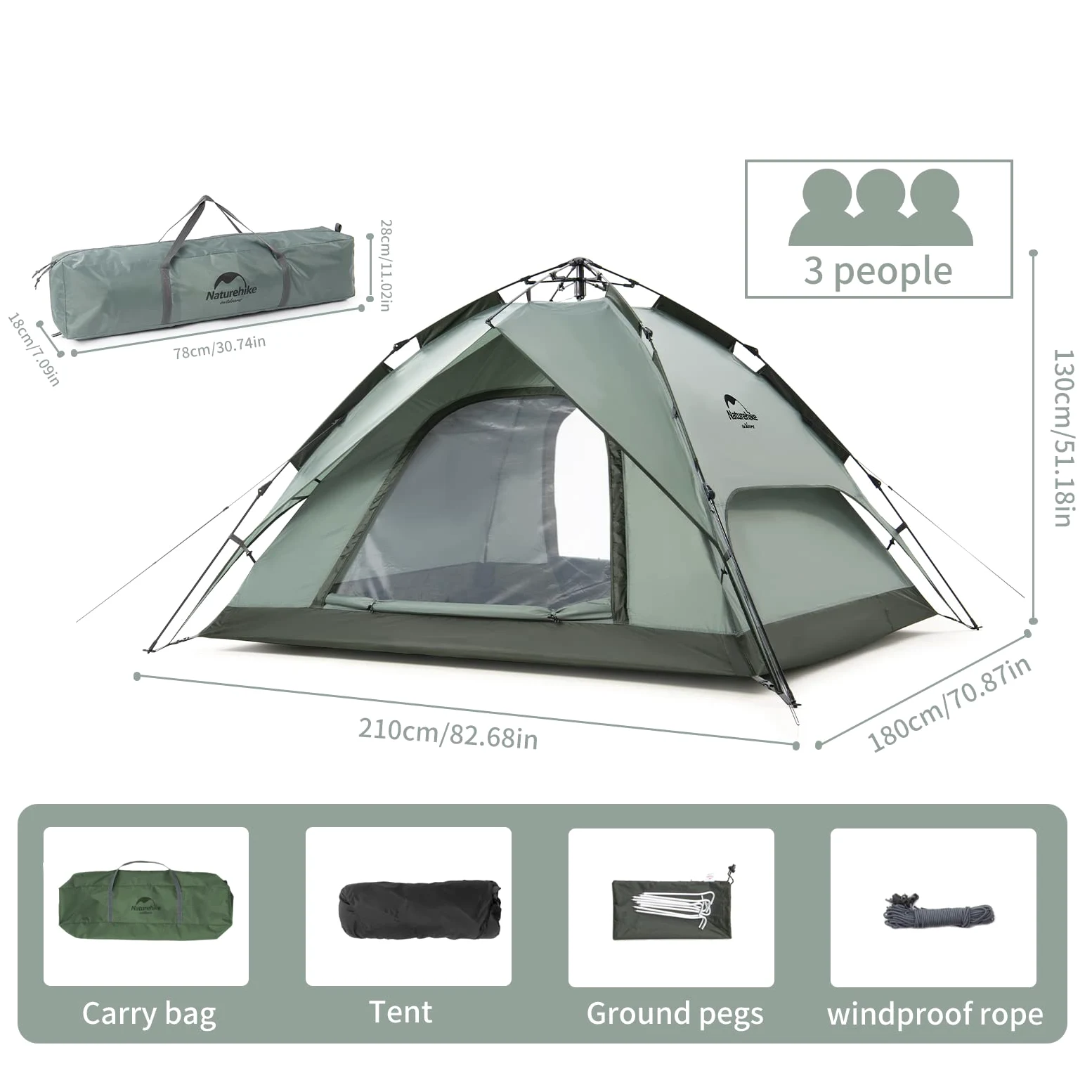 Naturehike Tiendas Instantáneas Carpa para Acampar Automática 3/4 Personas Carpa Domo de Dos Pisos Carpa Familiar Grande con Bolsa de Transporte