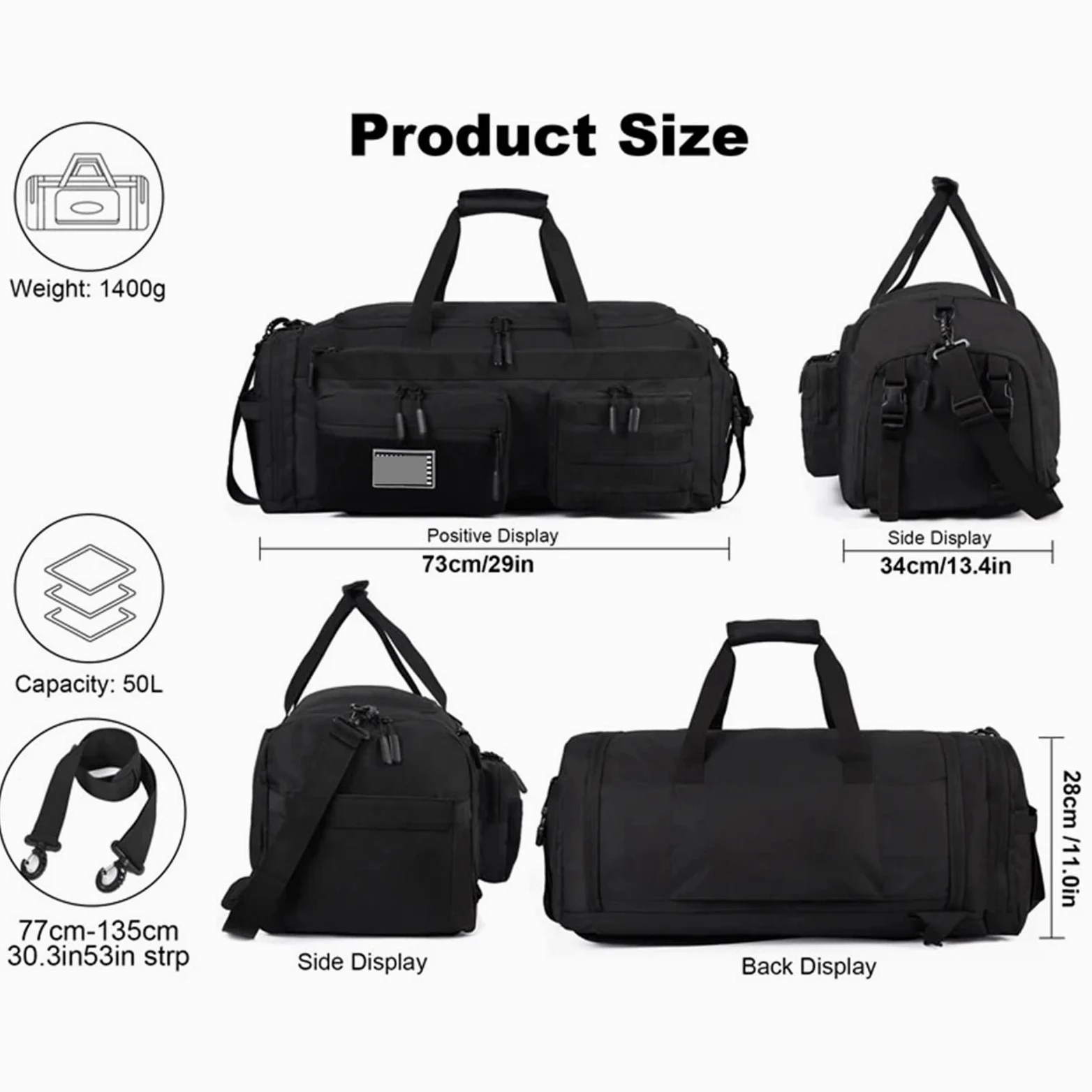 Bolsa Deporte Bolsa de Lona Viaje 3 en 1 50L for Hombre, Bolsas Deportivas Grandes for Gimnasio, Mochila con Compartimento for Zapatos y Bolsillo húmedo(Black and White)