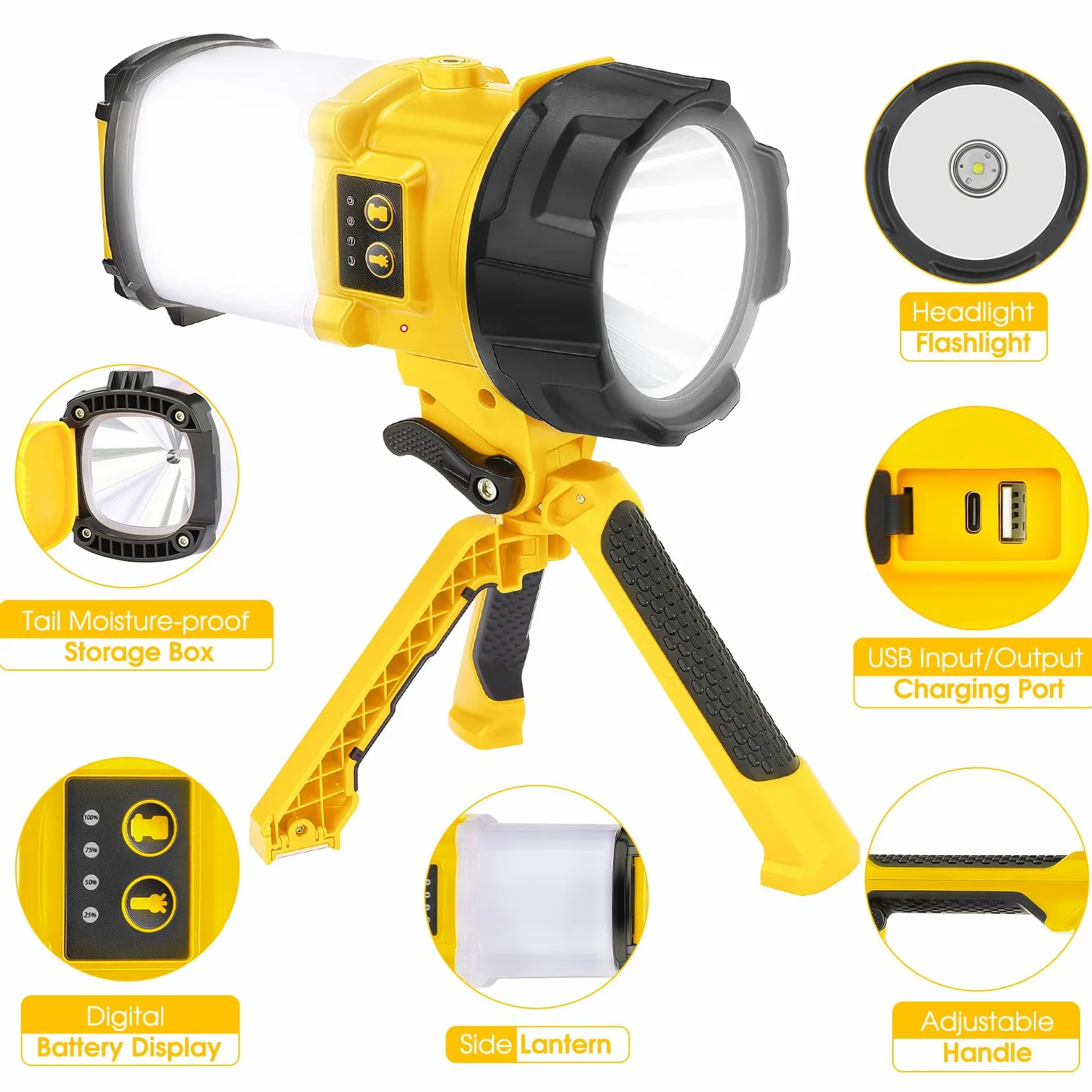 BOBKID - Linterna de camping recargable, 6 modos, linterna LED de mano con 2000 lúmenes, banco de energía de 4400 mAh, reflector impermeable IPX4, luz de trabajo para kits de supervivencia de