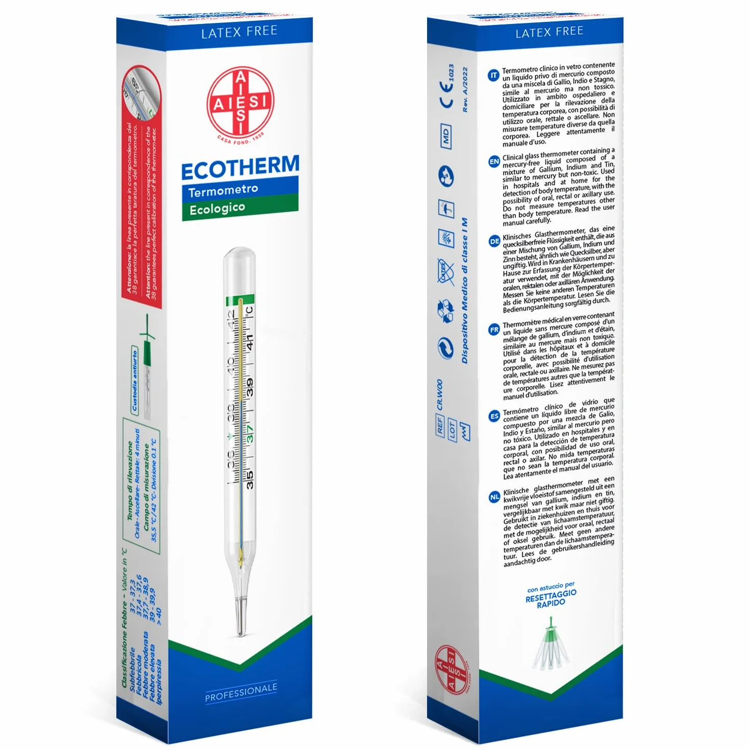 ECOTHERM Termómetro Clínico de Vidrio para Fiebre de Galio Sin Mercurio Ecológico