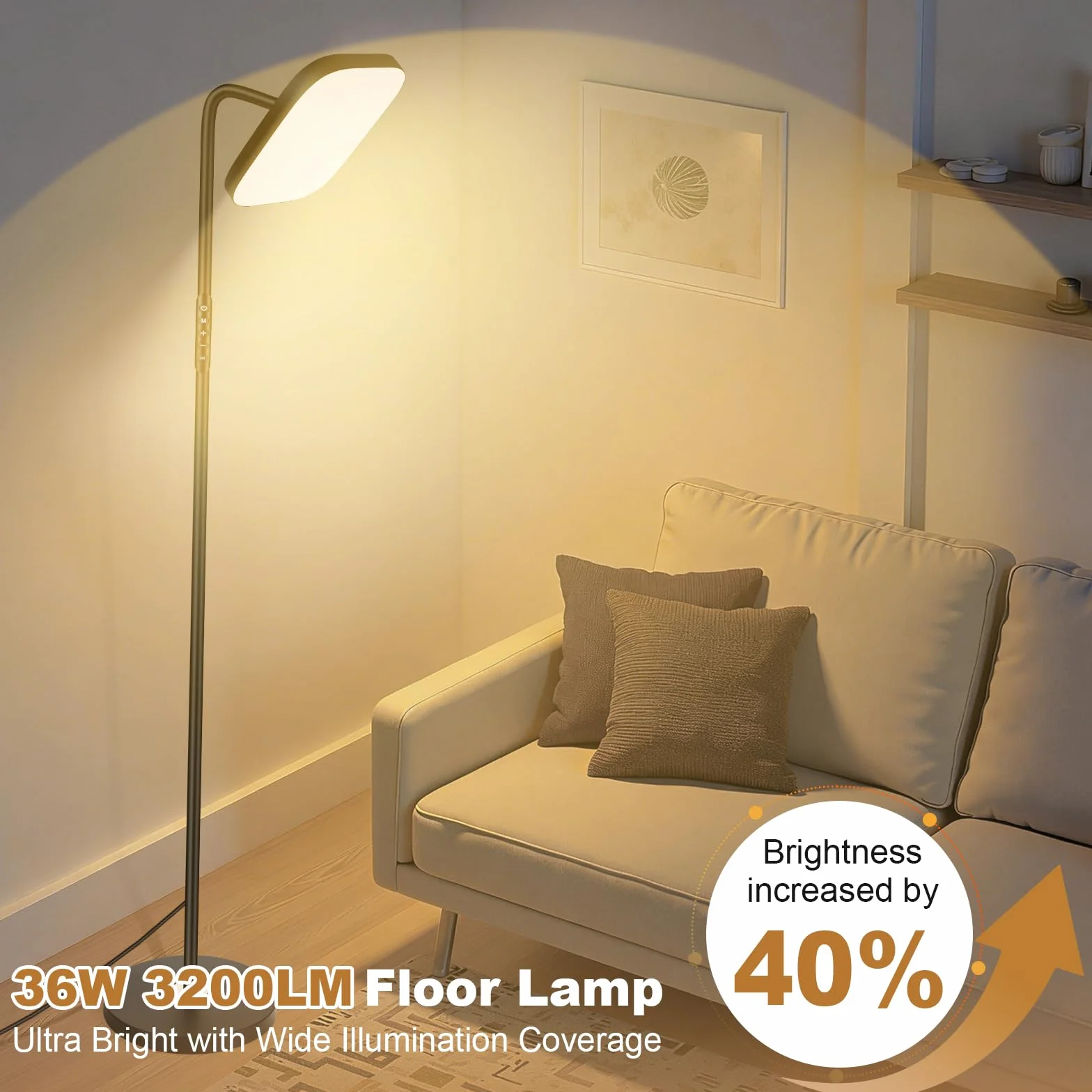 Lámpara de Pie LED Regulable 36W 3200LM 5 Temperaturas Color Control Táctil Mando Negro