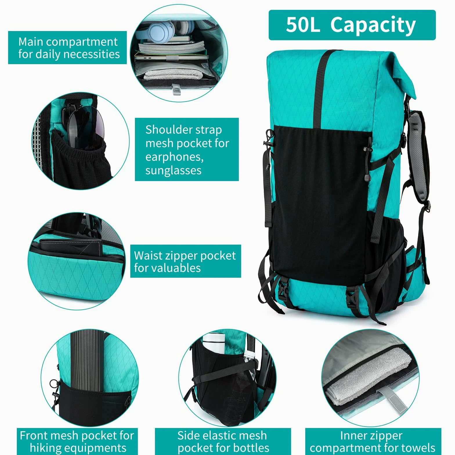 Mochila de senderismo, X-PAC mejorada ligera, de gran capacidad, bolsa de senderismo apta para escalada de montaña, camping
