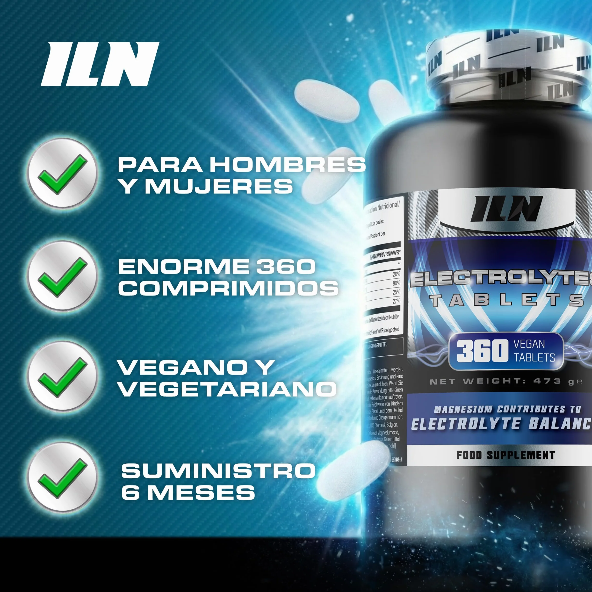 Electrolitos sin azucar 360 comprimidos Complejo 1500 mg Vegano apto keto