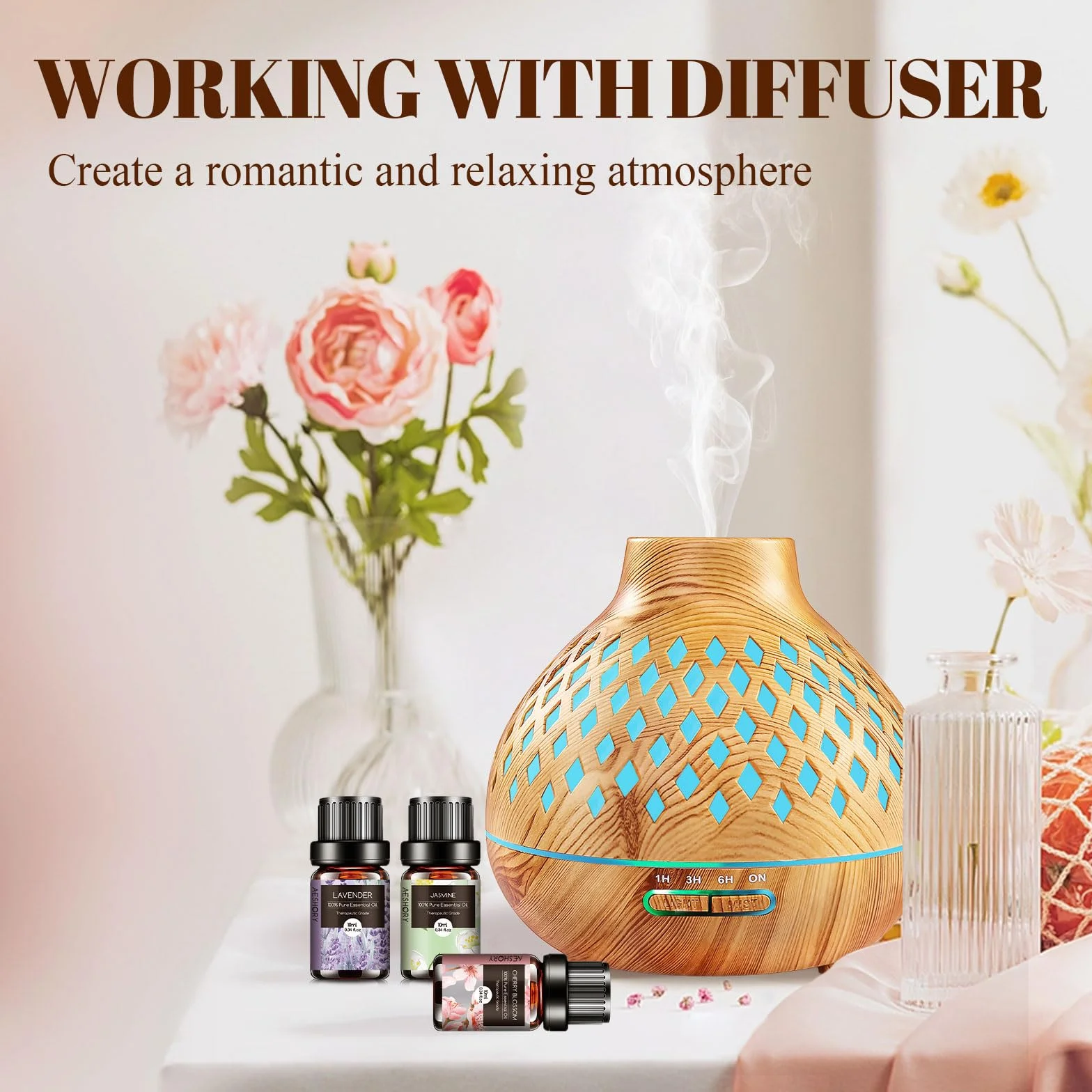 AESHORY Aceites Esenciales para Humidificador 6 x 10ml, Set de Aromaterapia Natural - Flor de Cerezo, Jazmín, Lavanda, Rosa, Té Blanco, Ylang Ylang