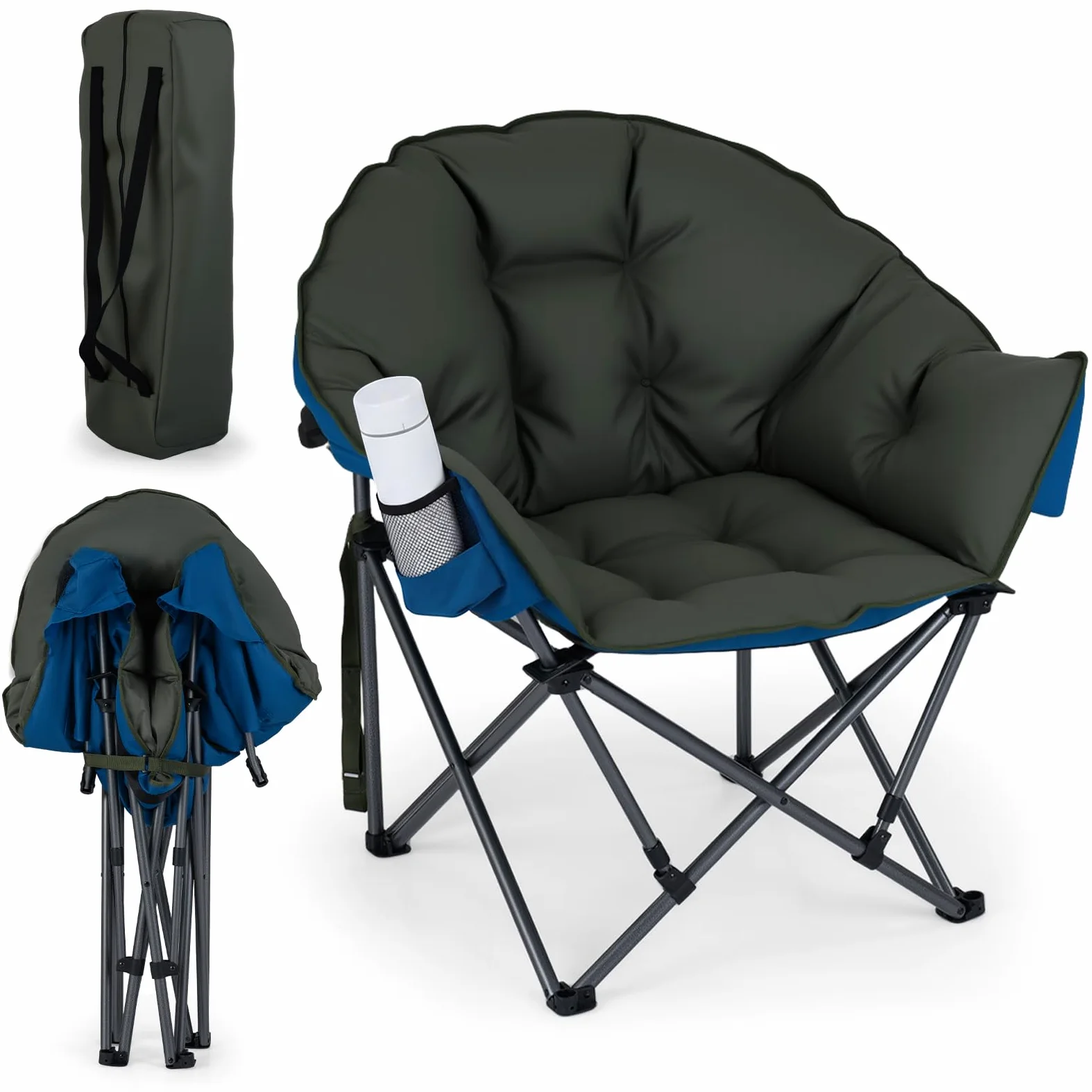 COSTWAY Silla Camping Plegable XXL, Sillón Aclchado Grande, Estructura Metálica, Portavasos, Bolsa de Transporte, Silla Exterior Portátil Playa Picnic Pesca, Carga 227 kg, 74 x 90 x 99 cm (Verde)