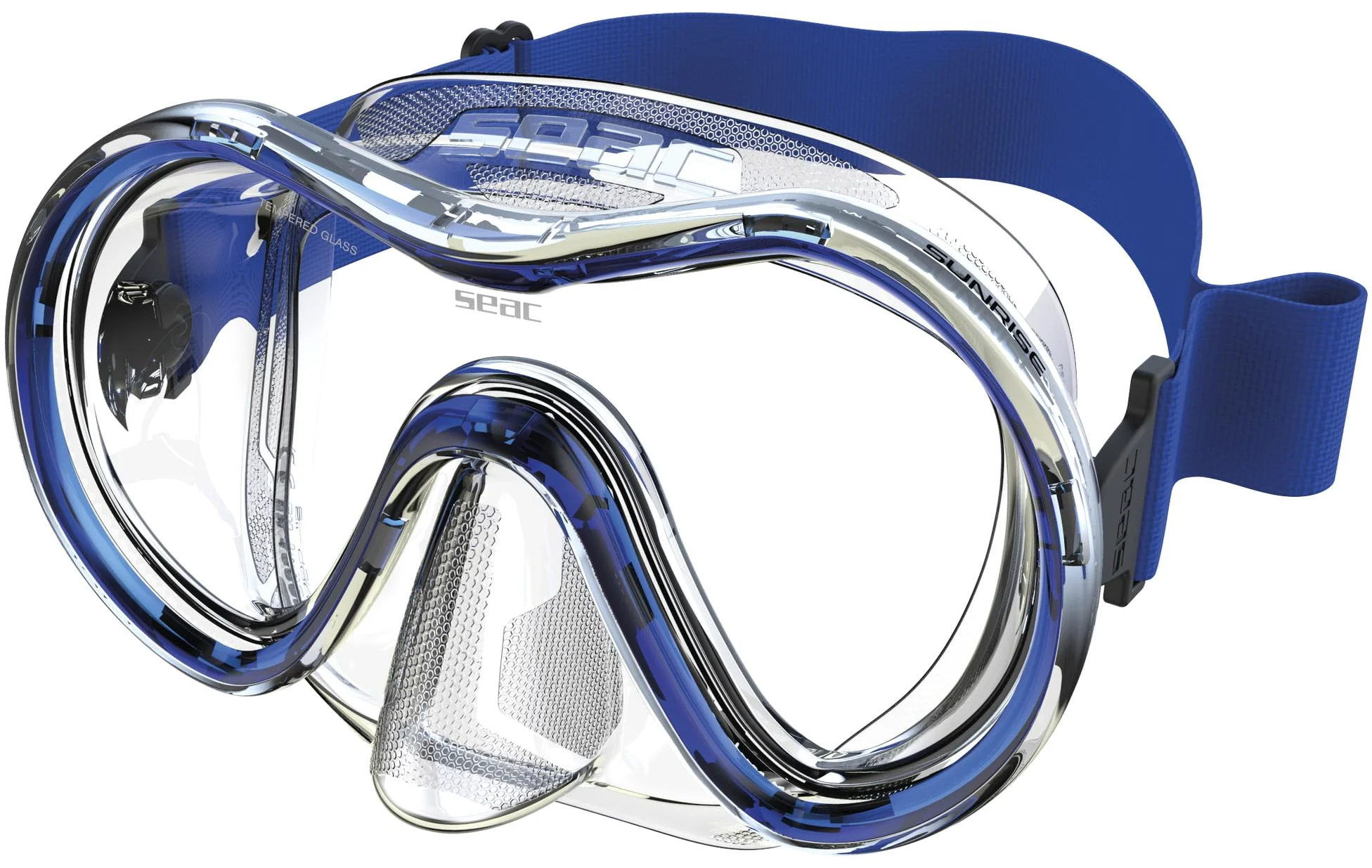 SEAC Sunrise máscara de Buceo y Snorkel de una Sola Cara de Vidrio Templado con Hebilla 3D, con Casco de Tela o Silicona, Unisex Adulto