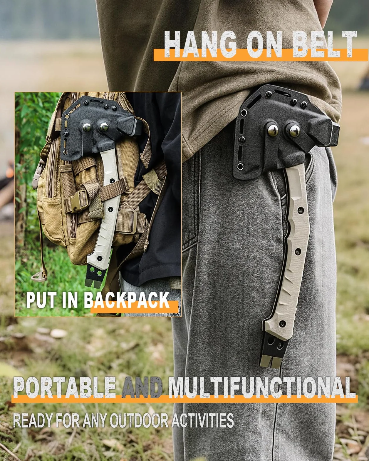 HX OUTDOORS Hacha Multifuncional, Hacha De Supervivencia Y Acampada, Hacha De Bushcraft De Acero Inoxidable con Hoja De Hacha Y Mango G10, con Martillo, Punta Hexagonal Y Extractor De Clavos