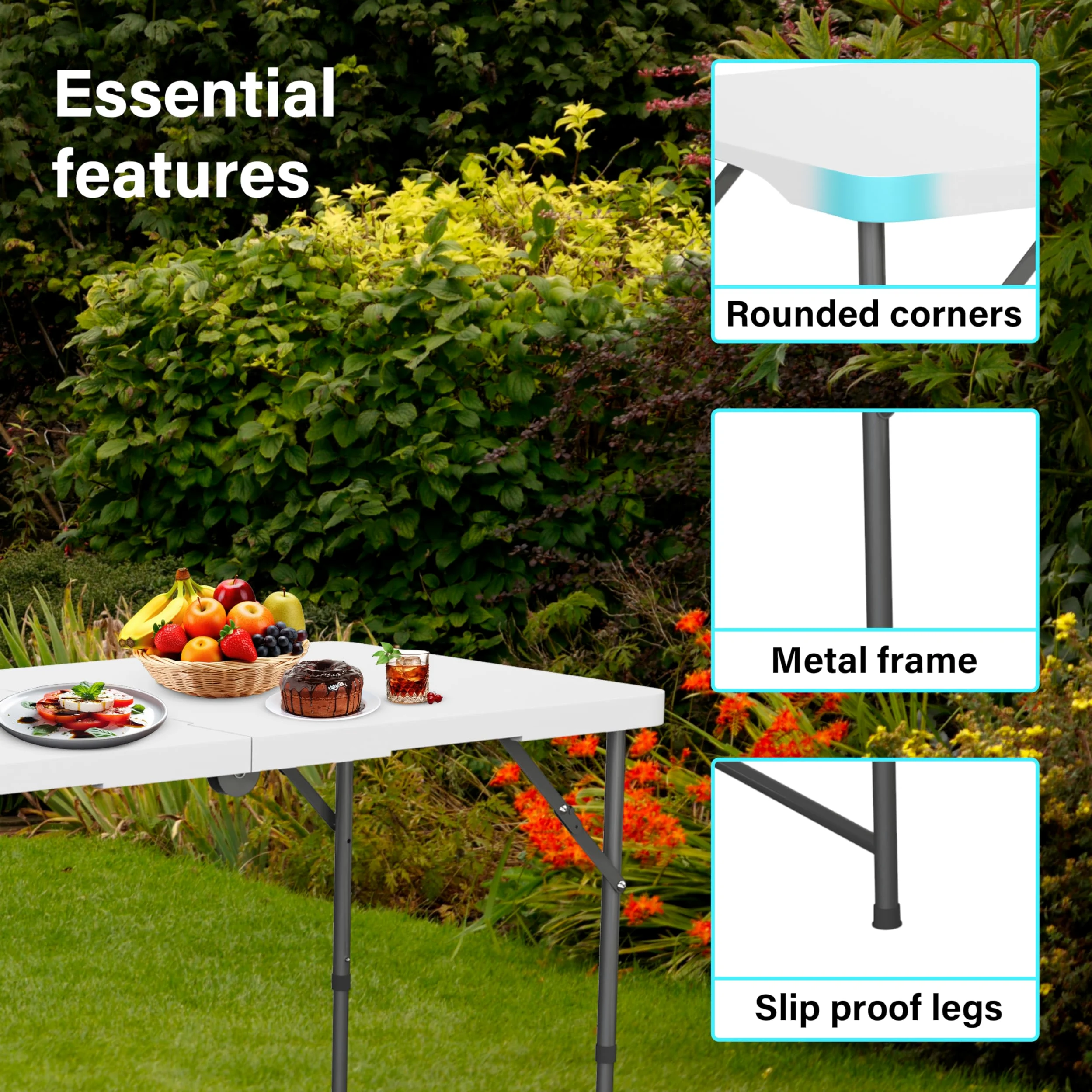 Mesa plegable rectangular de 1,22 m con patas ajustables para picnic al aire libre, mesa plegable portátil para camping, fiestas, jardín, barbacoa, playa, uso interior y exterior, catering de fiestas