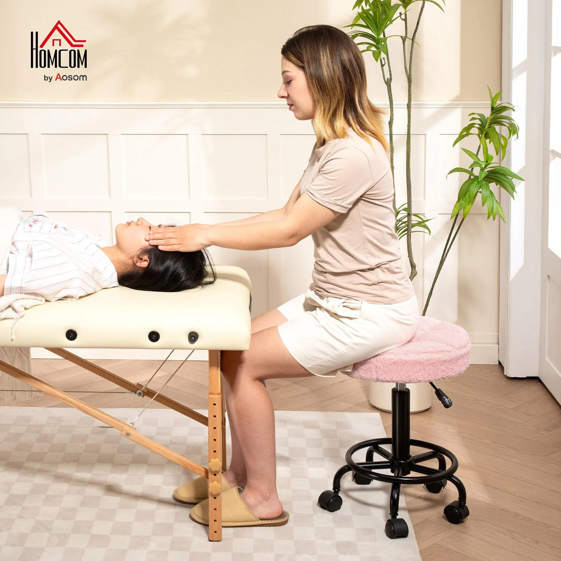 HOMCOM Taburete Giratorio Redondo con Ruedas Altura Regulable 50-66 cm Asiento Tapizado Tejido Borreguito Rosa