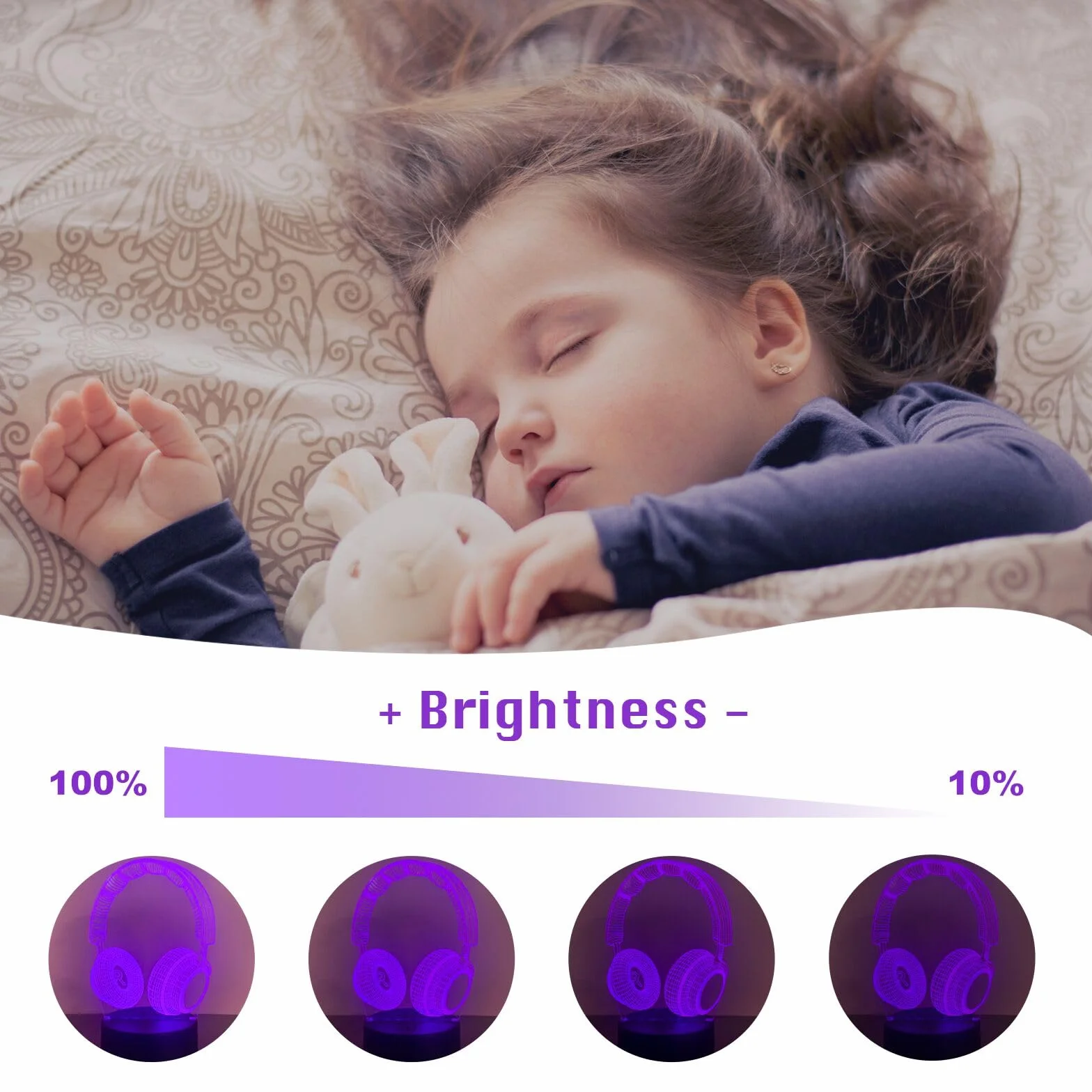 Luz nocturna 3D para niños, auriculares de ilusión óptica, 16 colores, decoración de cumpleaños Navidad Halloween