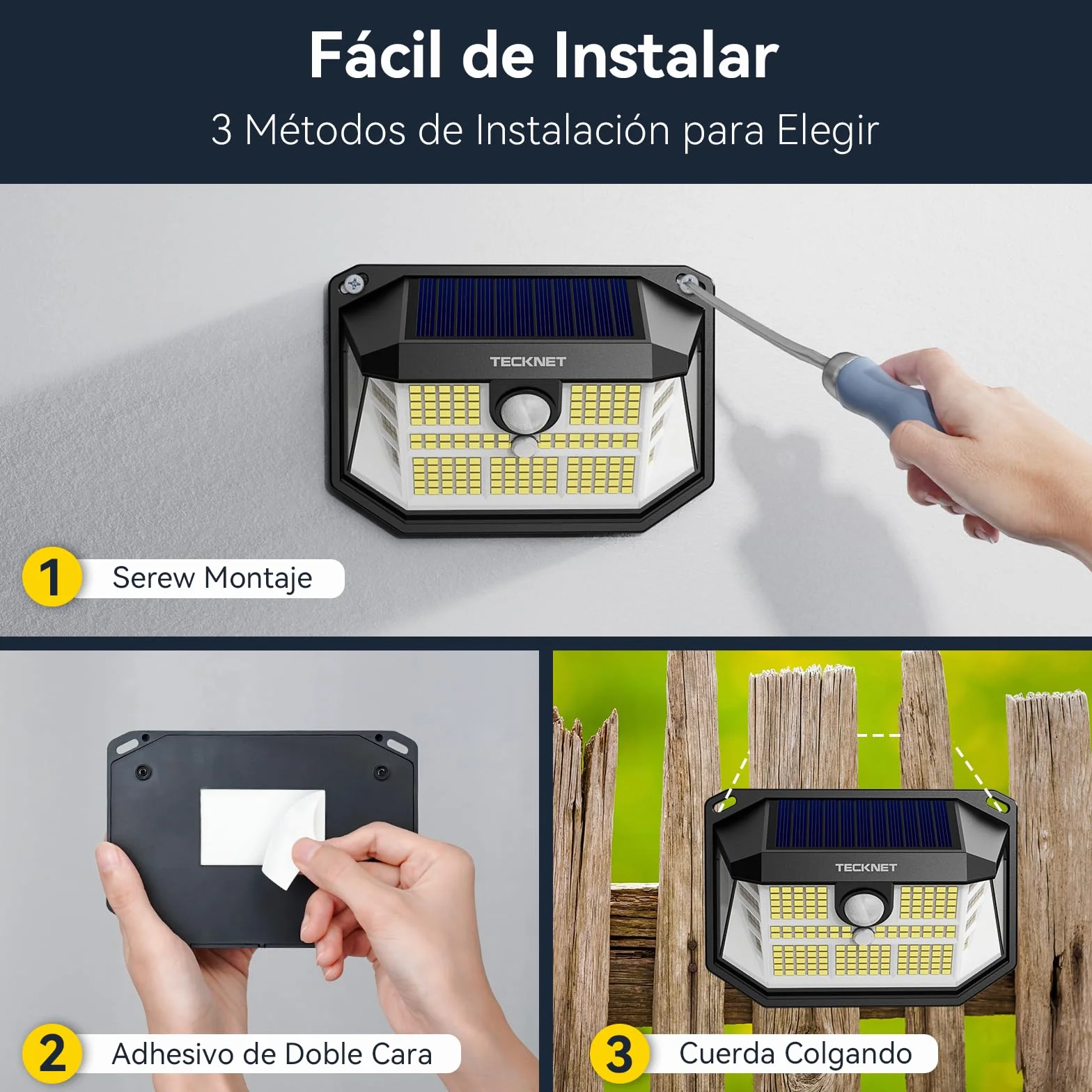 TECKNET Luz Solar Exterior 231 LED 300° Iluminación 35㎡ Brillo Alto Sensor de Movimiento 3 Modos IP65 Impermeable Focos Led Solares para Jardín 4 Paquete