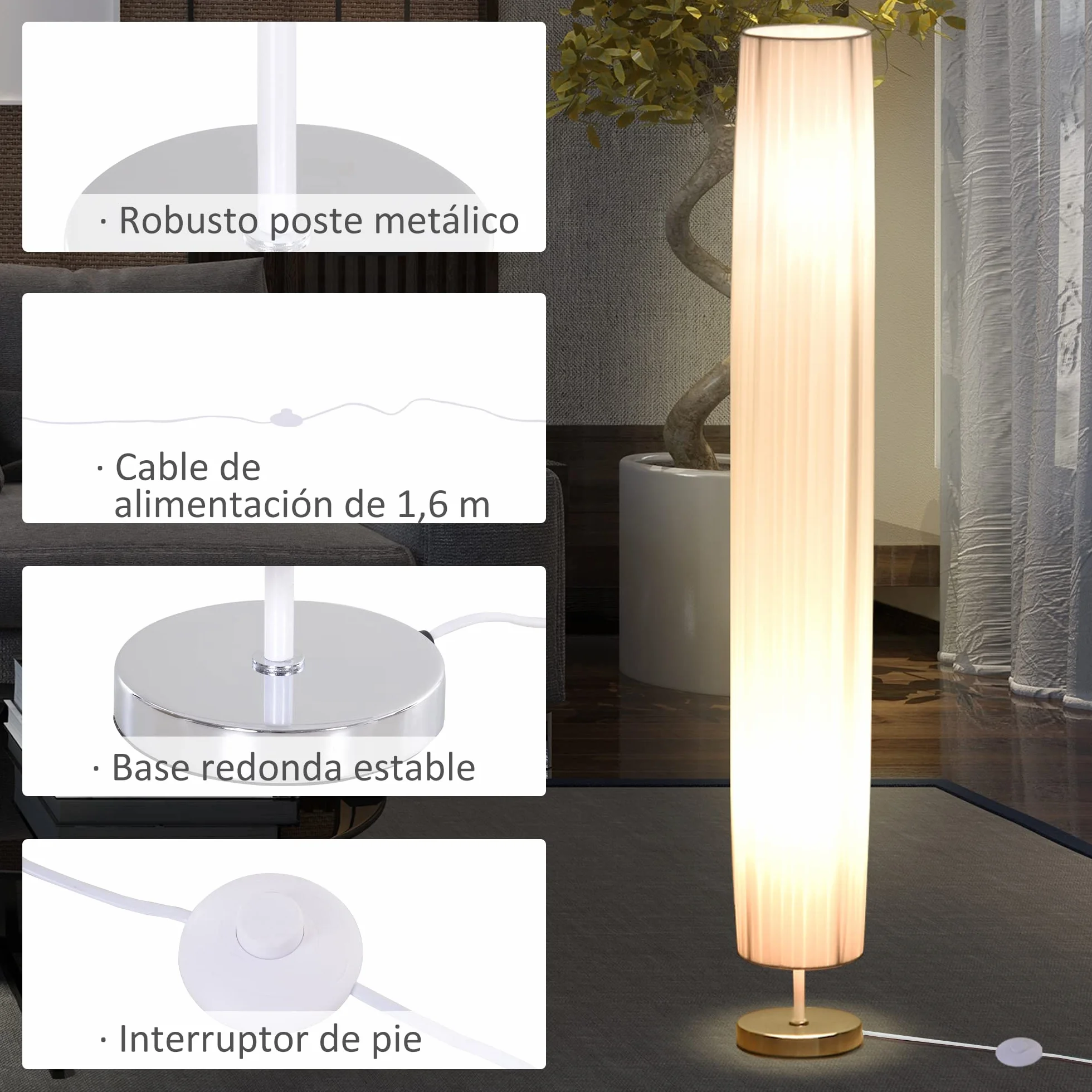 HOMCOM Lámpara de Pie Moderna 120 cm Blanco E27 Acero Inoxidable Bajo Consumo