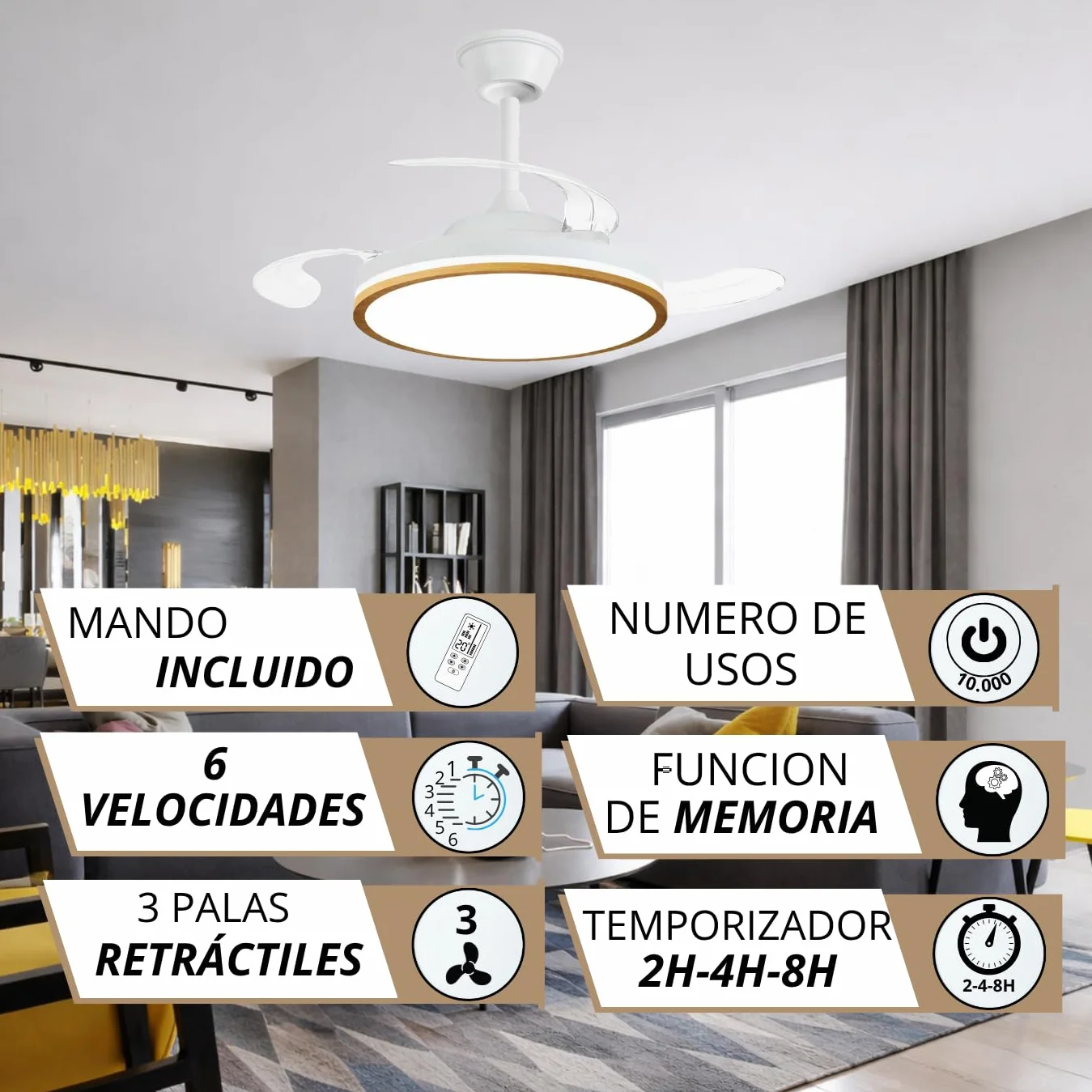 NARVI MORAIRA Ventilador de Techo Madera Roble con Luz LED Regulable, Motor DC Silencioso, 3 Aspas Retráctiles, Función Invierno Verano