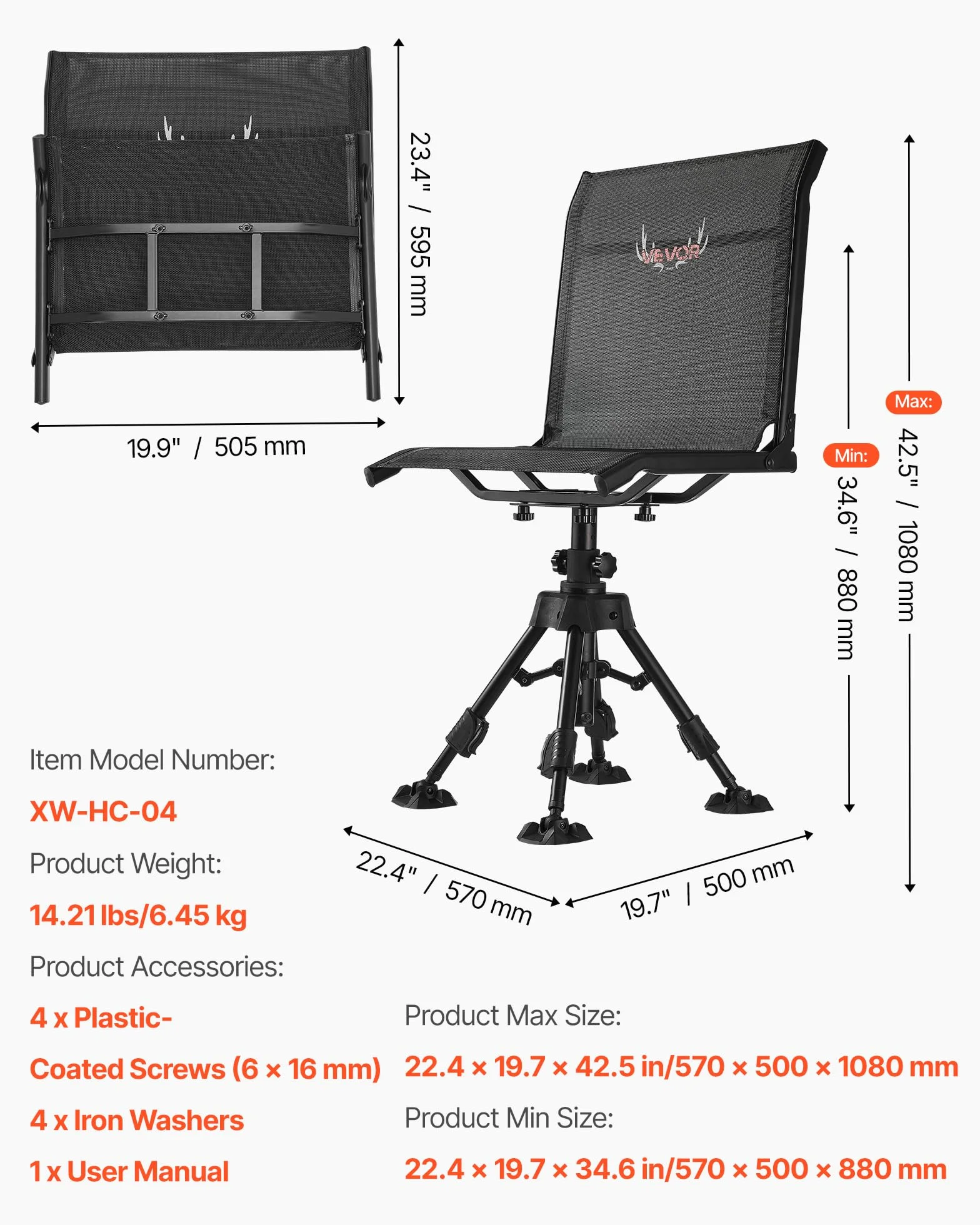 VEVOR Silla de Caza Giratoria Silenciosa de 360°, Plegable, con Estructura de Acero Resistente, Asiento Tipo Taburete con Patas Giratorias Antihundimiento, Carga 158 kg, 570 x 500 x 880-1080 mm