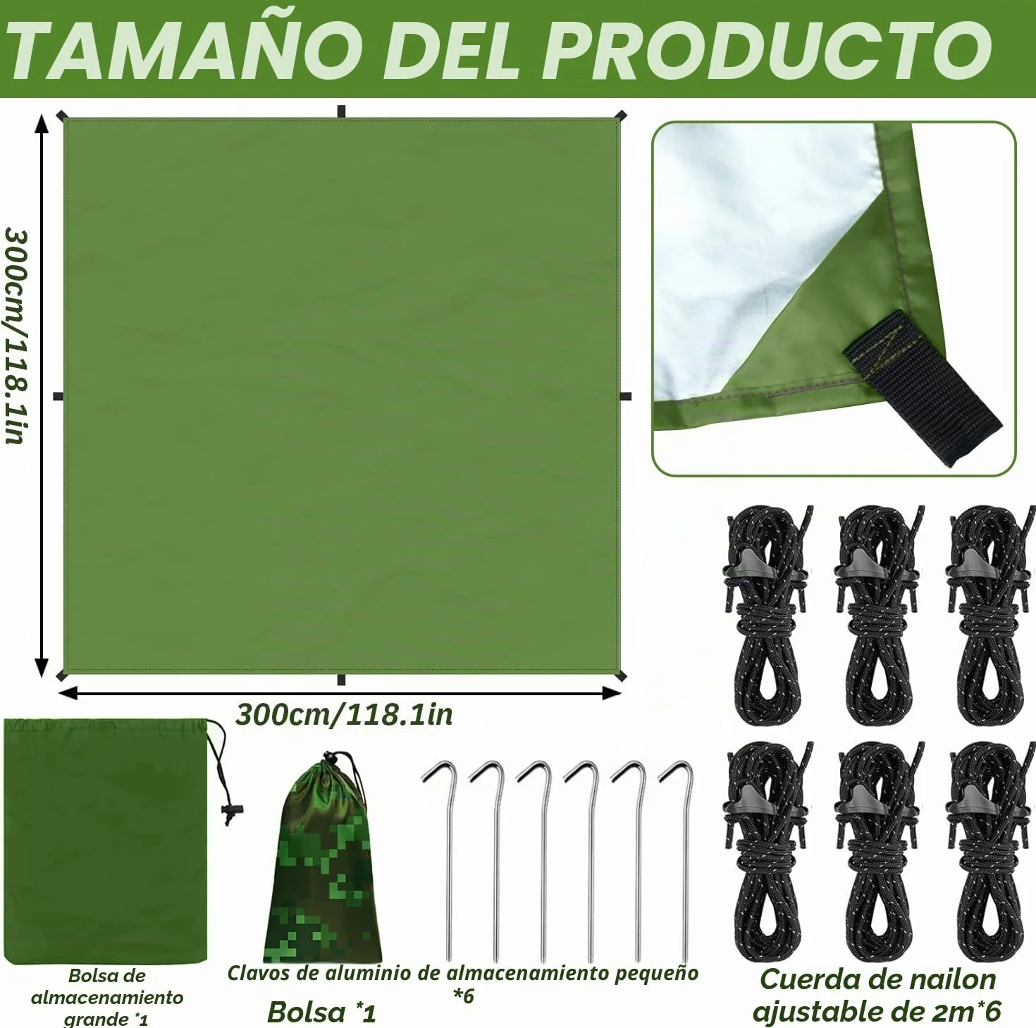 Toldo de Refugio Impermeable 3X3M,Ultraligero y Portátil Toldo Camping, Tienda de Campaña Hamaca Protección UV Anti Desgarro, Ideal para Acampar Senderismo Picnic al Aire Libre, Verde