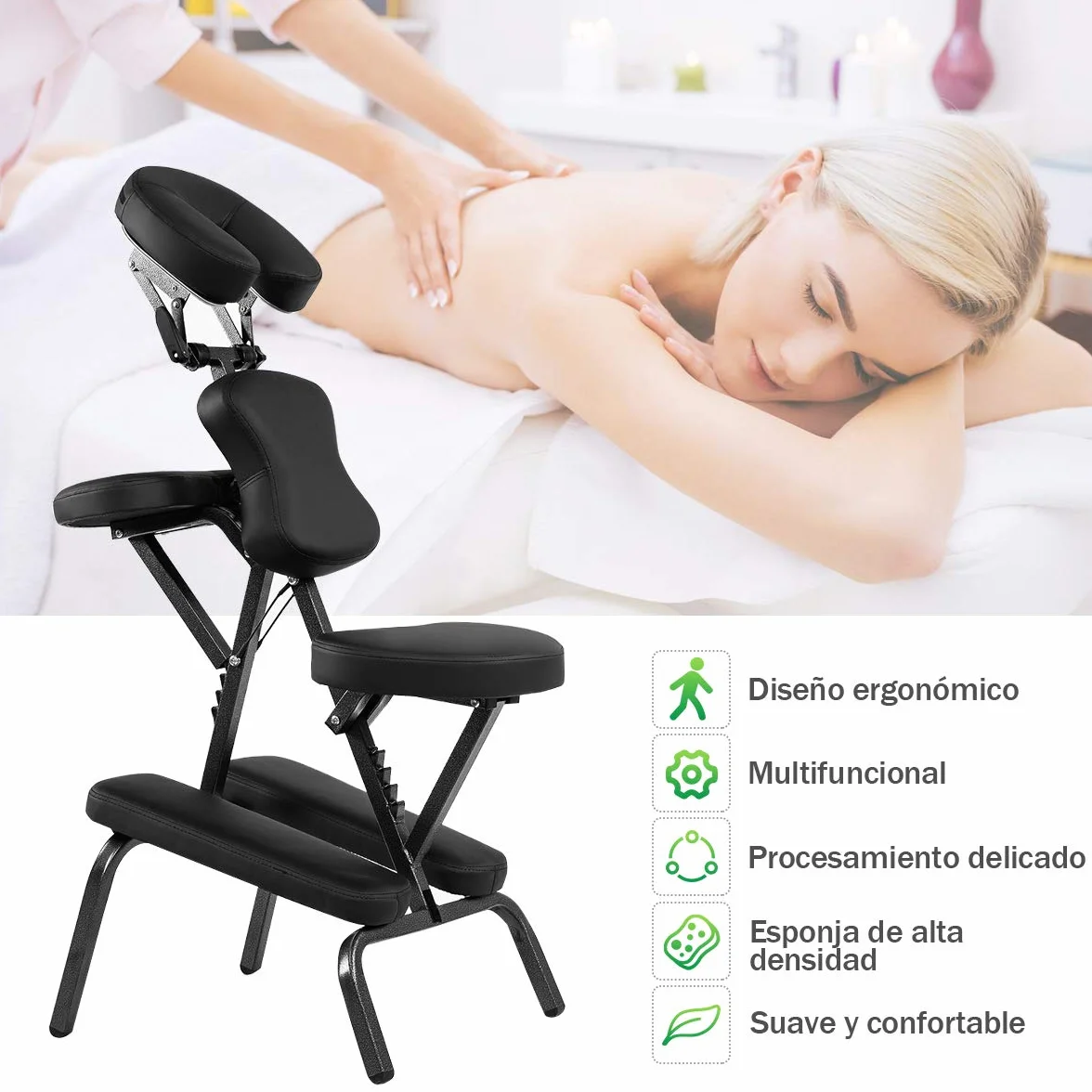 COSTWAY Silla de Masaje Plegable Altura Ajustable, Sillón de Tatuaje Portátil Negro