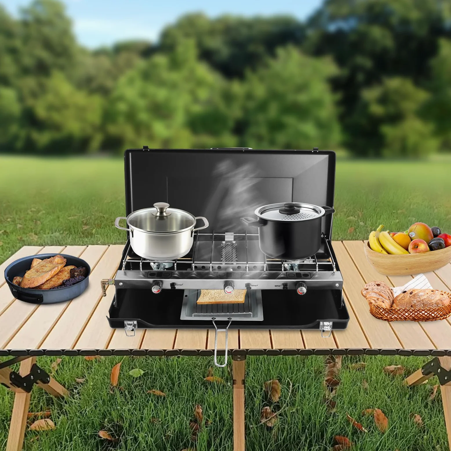 Cocina de gas portátil de 3 llamas, hornillo de gas para camping, estufa de gas portátil con encendido piezoeléctrico, estufa de camping portátil para camping, barbacoas, fiestas