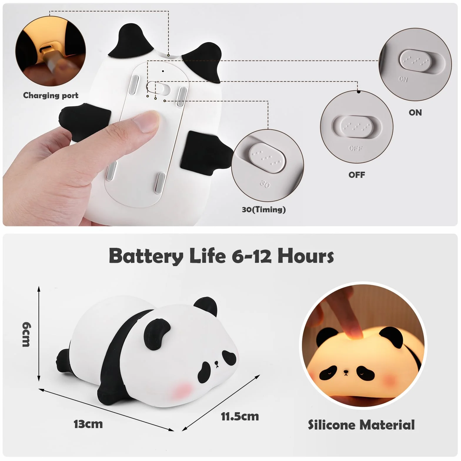 Comius Sharp Panda Luz Nocturna Infantil, Lampara Bebe Noche Silicona Suave Sensor Tactil