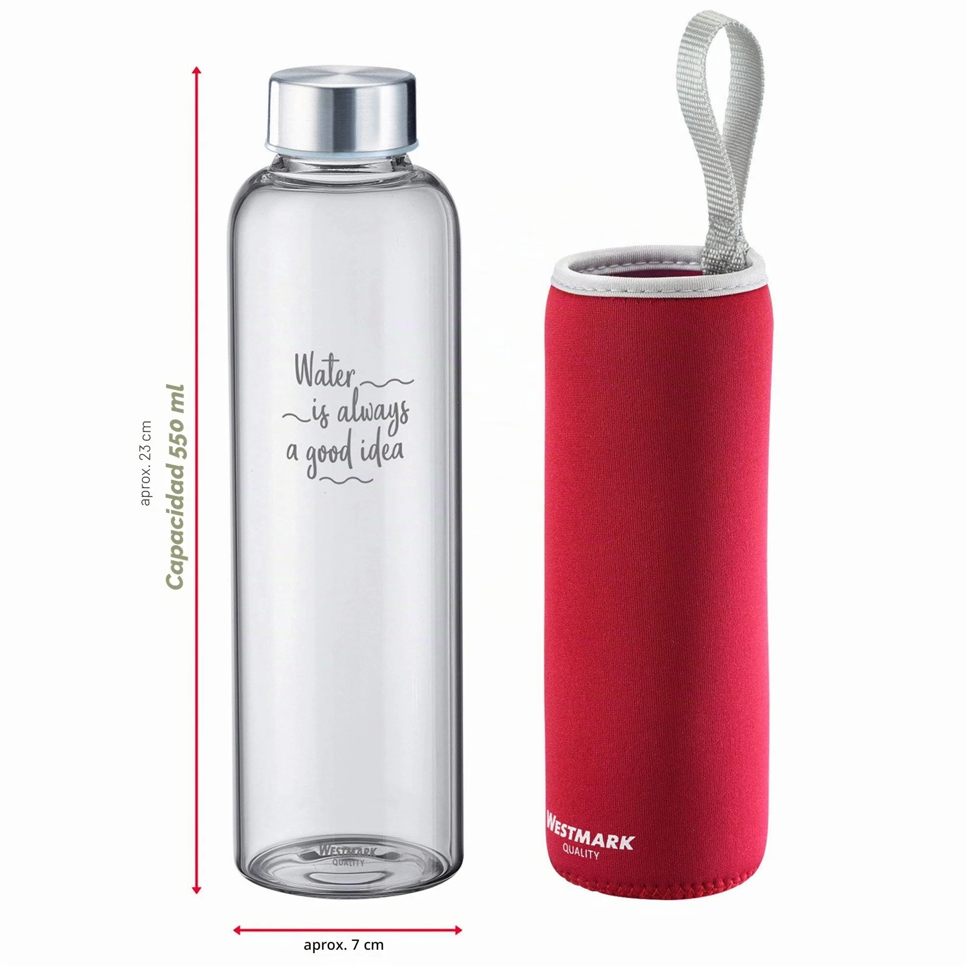 Westmark Botella para beber, De vidrio con impresión, Incl. cubierta protectora, 550 ml, Vidrio/silicona/caucho, Sin BPA, Viva, Rojo/plata/transparente, 5272226R