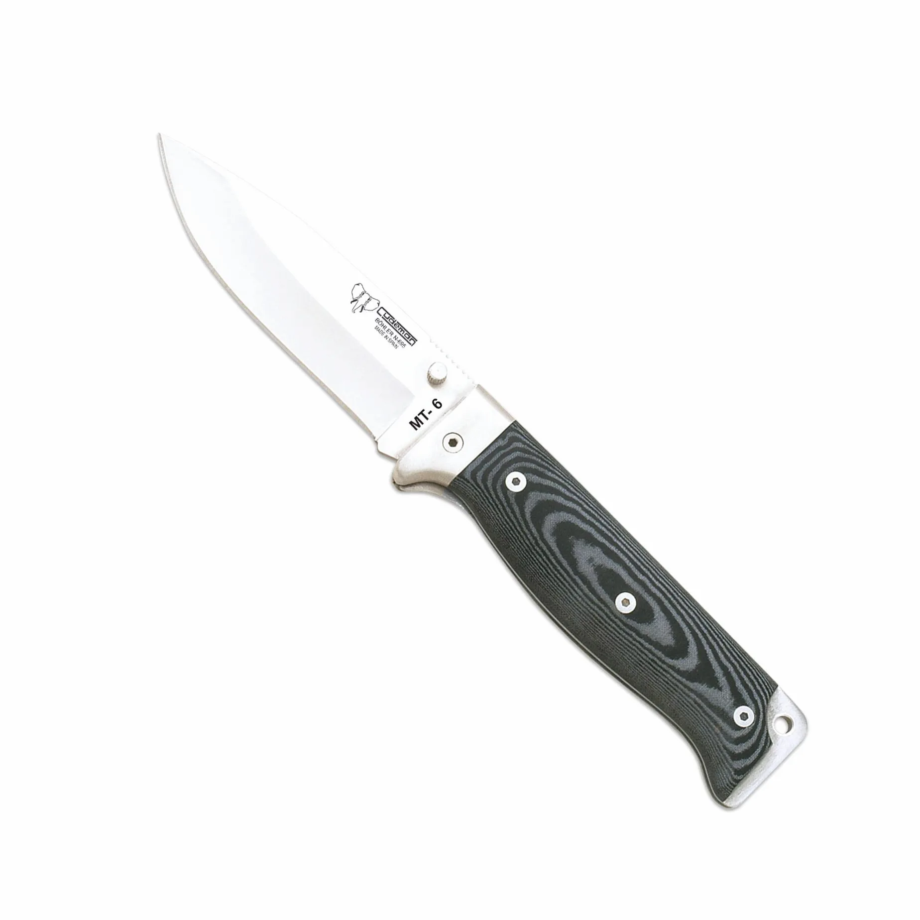Cudeman Navaja 328-M MT-6 hoja de acero Böhler N-695 de 11 cm y empuñadura de micarta negra separadores rojos de 12,5 cm para caza, pesca, supervivencia y bushcraft + Portabotellas regalo