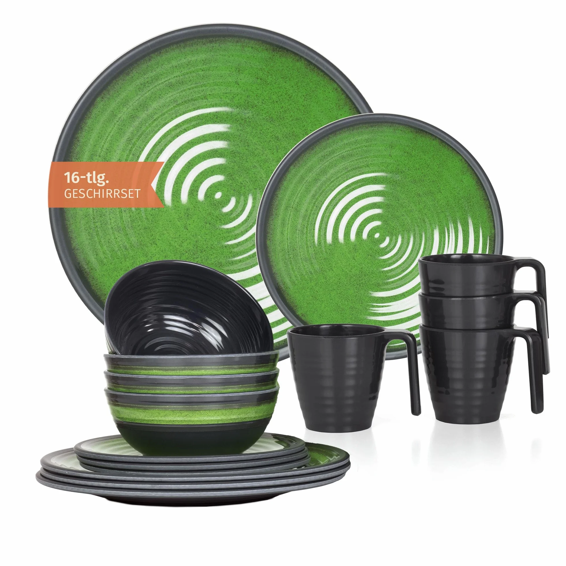 Juego de vajilla de melamina para camping, 4 personas, color verde piedra + 4 tazas de piedra tazas de café, vajilla de pícnic, barbacoa