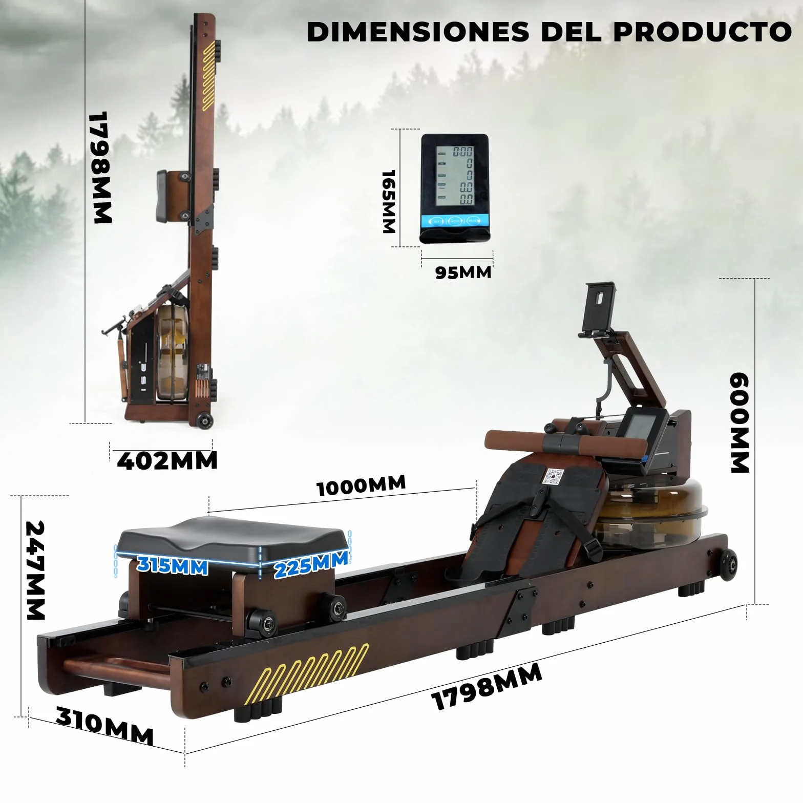 ISE Máquina de Remo de Agua de Madera de Roble, Remeros de Casa con Bomba de Agua Manual, Pantalla LED Ángulo Ajustable, App, Soporte para Tableta