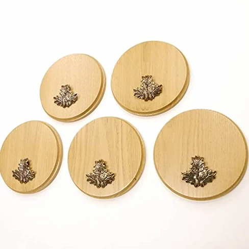 GTK Oferta 5 placas de cuña redondas de roble claro AF 17 cm, tabla cuña, tabla de especias, placa de trofeo, con 5 hojas de roble, portada pequeña