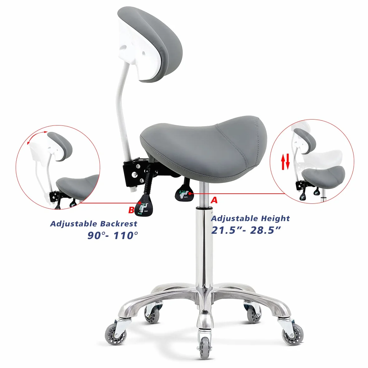 Taburete con Ruedas Dental Tatuaje Esteticista con Soporte para la Espalda Gris