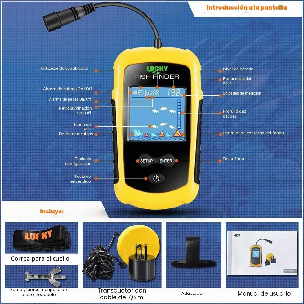 LUCKY Buscador de Peces Portátil con Sonda y Transductor para Kayak de Pesca Pantalla LCD