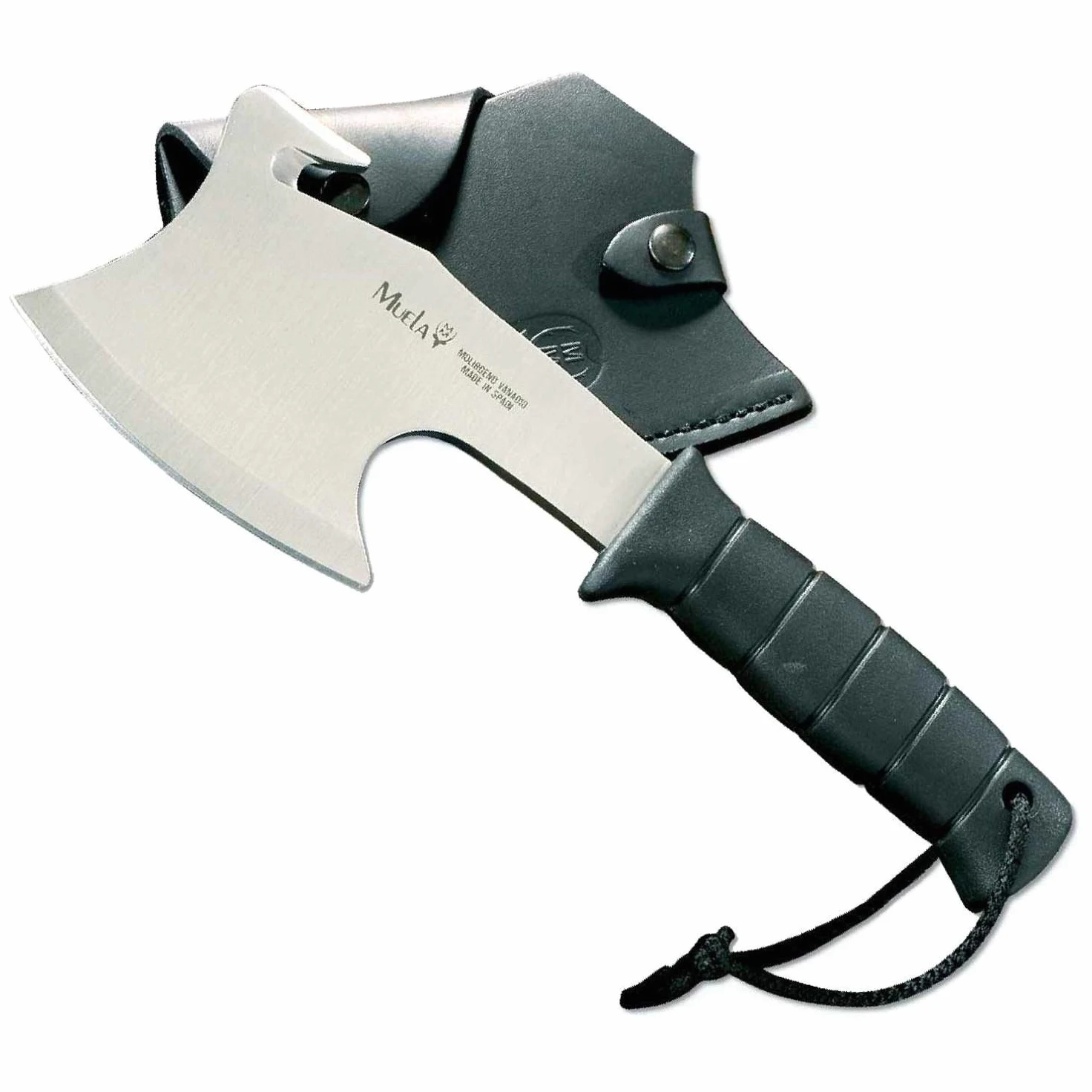 Muela Hacha HG-S Hoja de Acero ACX-380 y Mango inyectado en Goma para Caza, Pesca, Supervivencia y Bushcraft Realizado en Ciudad Real + Portabotellas de Regalo