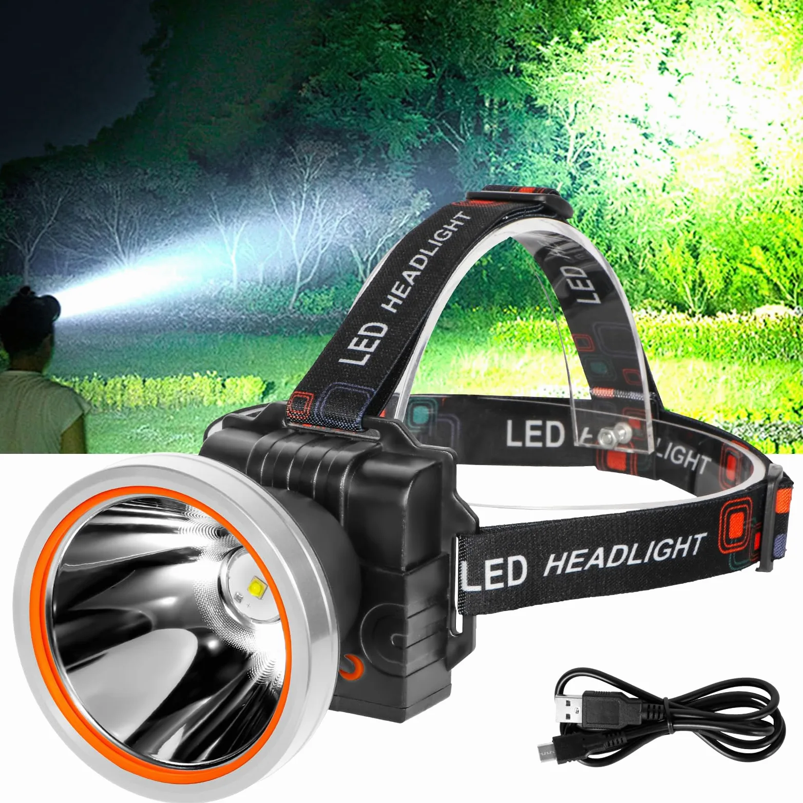 Lokilo Linterna frontal LED ultrabrillante, recargable de alto lúmenes e impermeable con diadema ajustable para trabajo nocturno y uso al aire libre (luz plateada-amarilla)