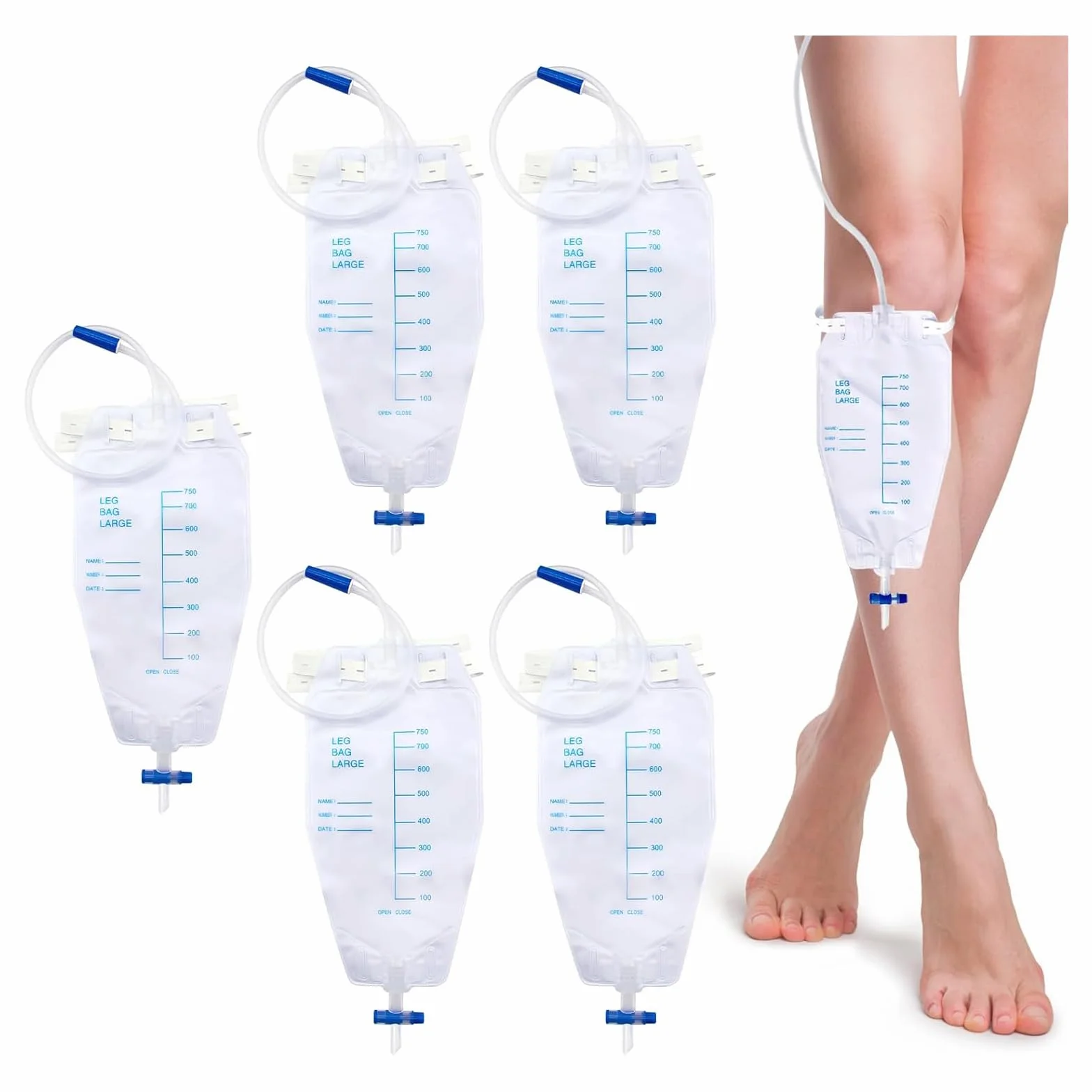 Bolsas de Orina 750 ml para Piernas, Bolsa Sonda Vesical con Cintas de Tela, Tubo 60 cm, Válvula Antirreflujo