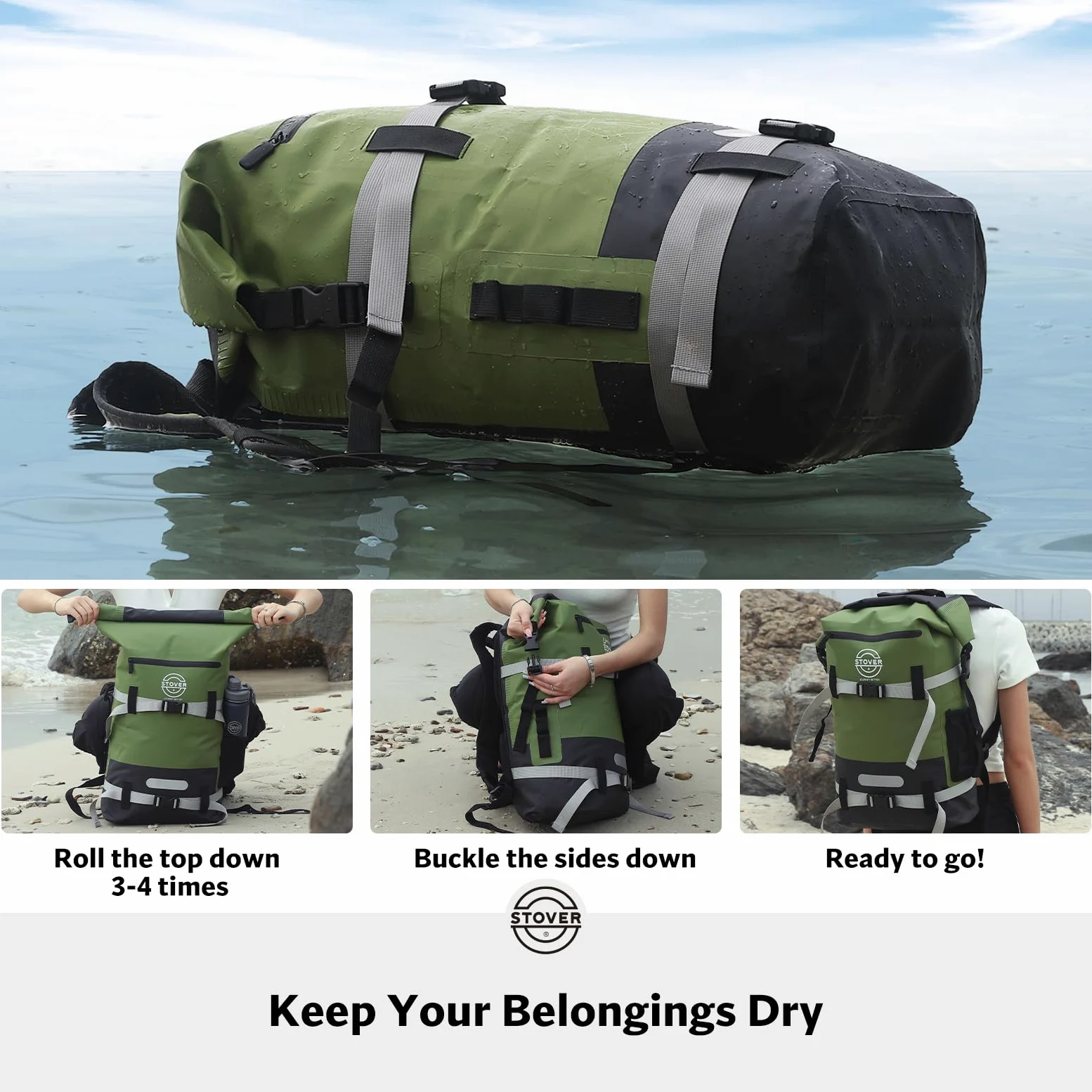STOVER Bolsa seca impermeable de 25/30/40/55 L, mochila seca resistente con parte superior enrollable para kayak, canotaje, camping, hombres y mujeres, Verde, 40L US, Bolsa seca