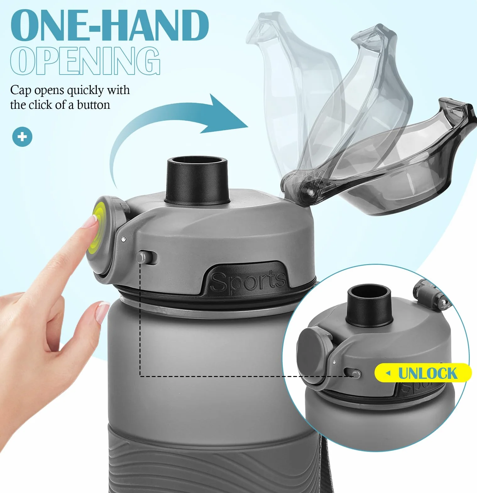 CodiCile Botella Agua, Botella de Agua Deportiva sin BPA, Botella Gimnasio a prueba de fugas, Botella agua 1 litro ideal para gym, escuela, oficina y viajes (Gris oscuro)