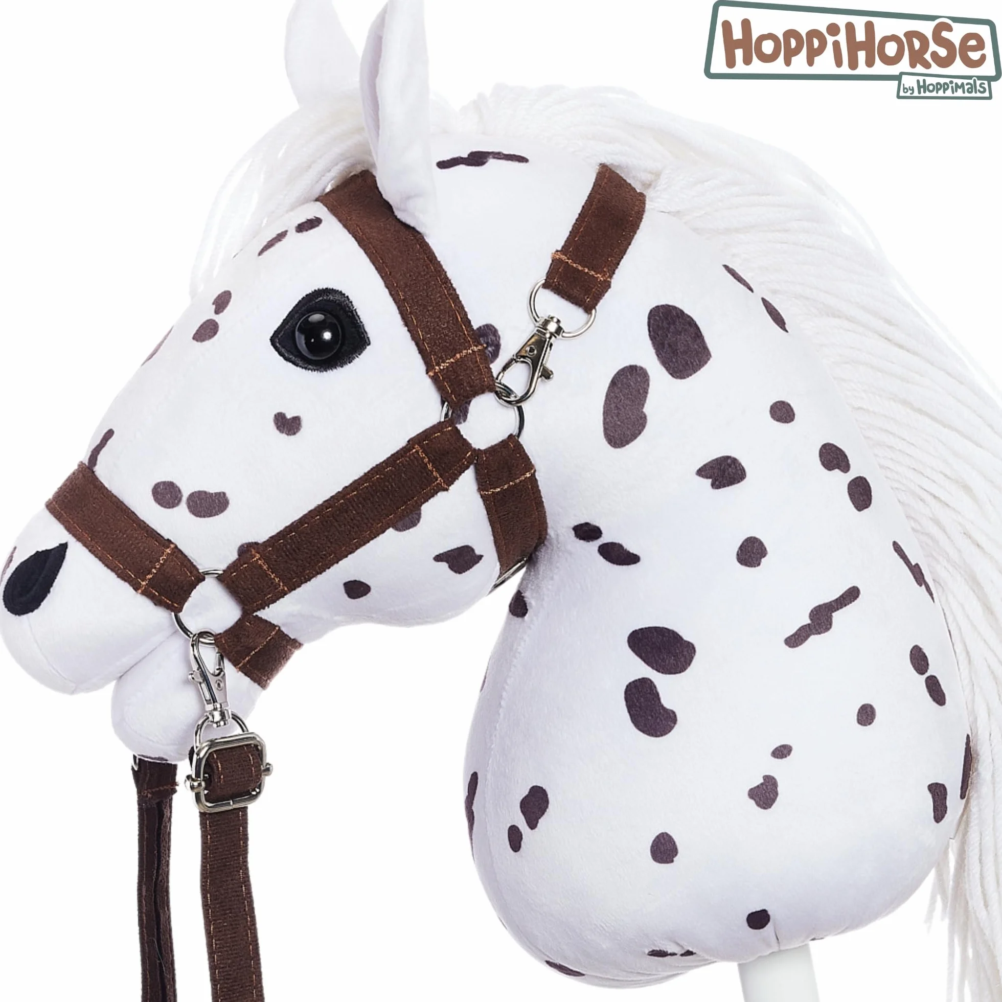 HOPPIHORSE Hobby Horse Deportiva A4 Caballo de Palo con Cabezada Riendas Correa Hombro Cola Empuñadura Silicona Peluche Caja Regalo
