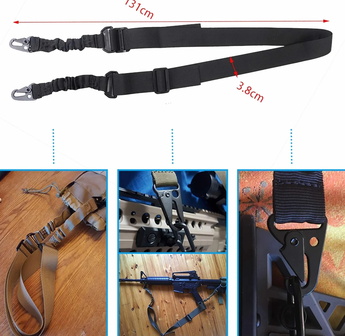 Correa Ajustable Negra Airsoft para Rifle + Enganche Táctico Point Sling 2 Puntos Multiusos Armas Cuerda Paintball Cinta de Sujeción Paracord Sistema Elastico Caza y Deportes Aire Libre
