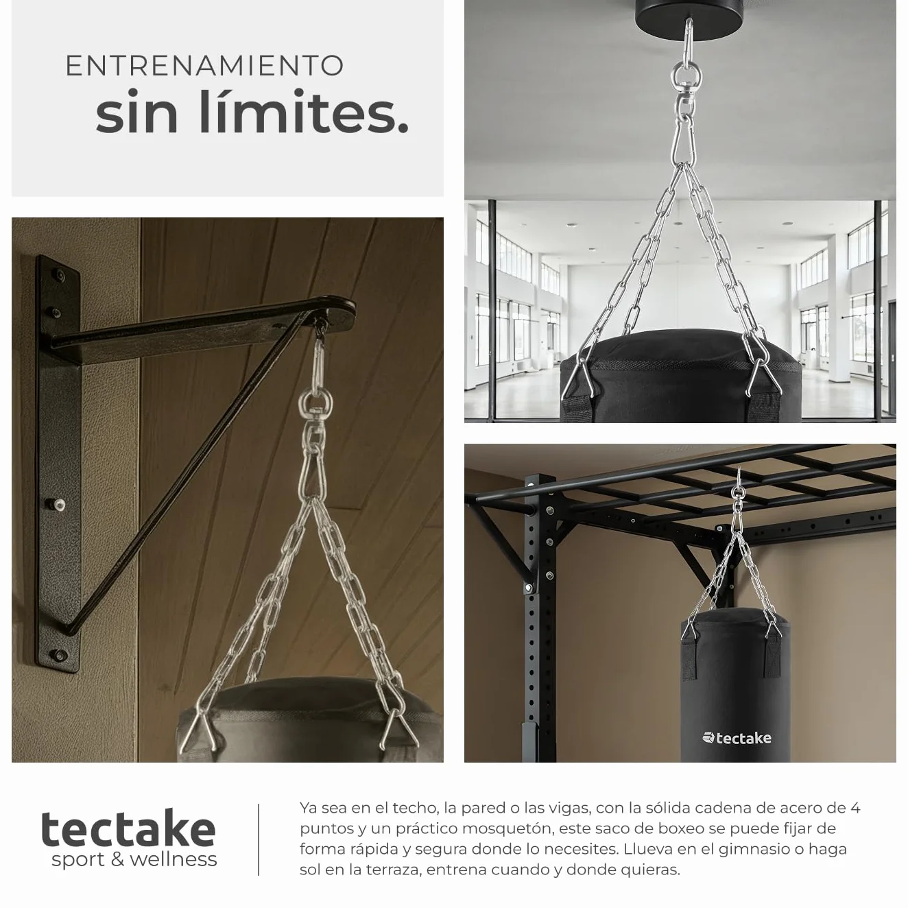 tectake® Saco de Boxeo con Suspensión de Cadena, Cierre Giratorio, para Entrenamiento en Casa, Fitness, Saco Boxeo para MMA, Muay Thai, Fitness, Kick Boxing - 28 x 28 x 105 cm
