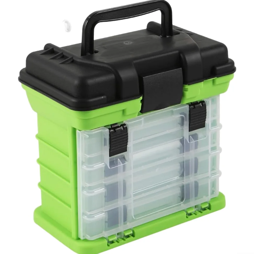 Caja de aparejos de pesca de cuatro capas con 4 bandejas extraíbles y separadores ajustables, organizador portátil para anzuelos, carretes, herramientas, equipo al aire libre, rojo (verde)