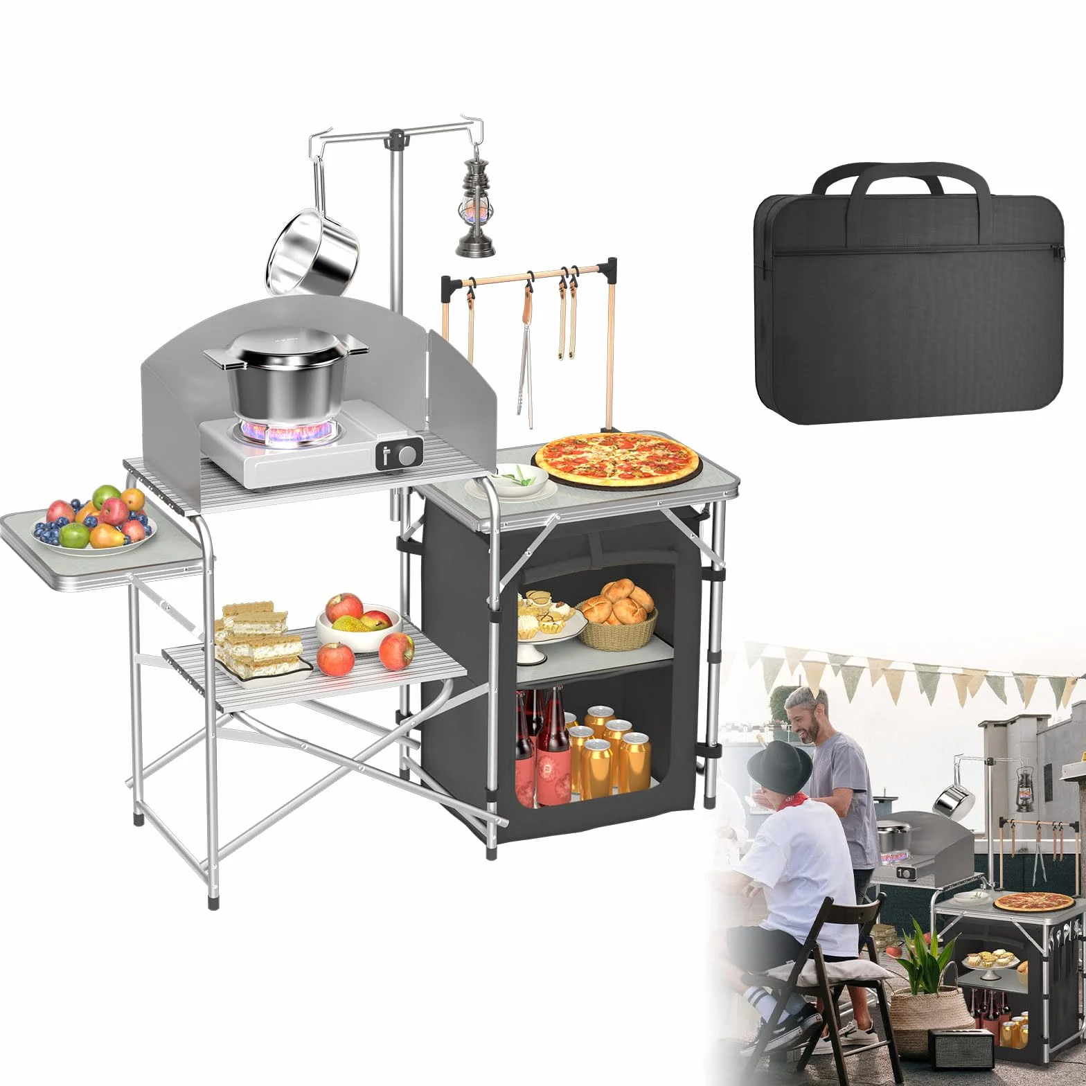 Froadp Cocina de camping plegable con armario de camping, protector de viento y soporte de lámpara ajustable, muebles de camping y cocina de viaje portátil, incluye bolsa de transporte para camping,