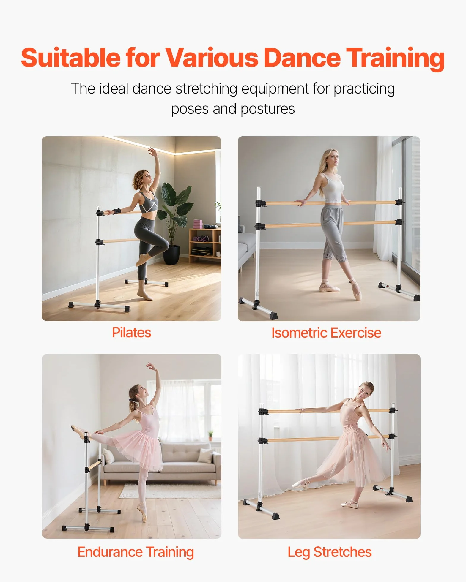 VEVOR Barra de Baile Doble Altura Ajustable 170-1165 mm Madera para Ballet Ejercicios 1840 x 760 x 1180 mm Plata