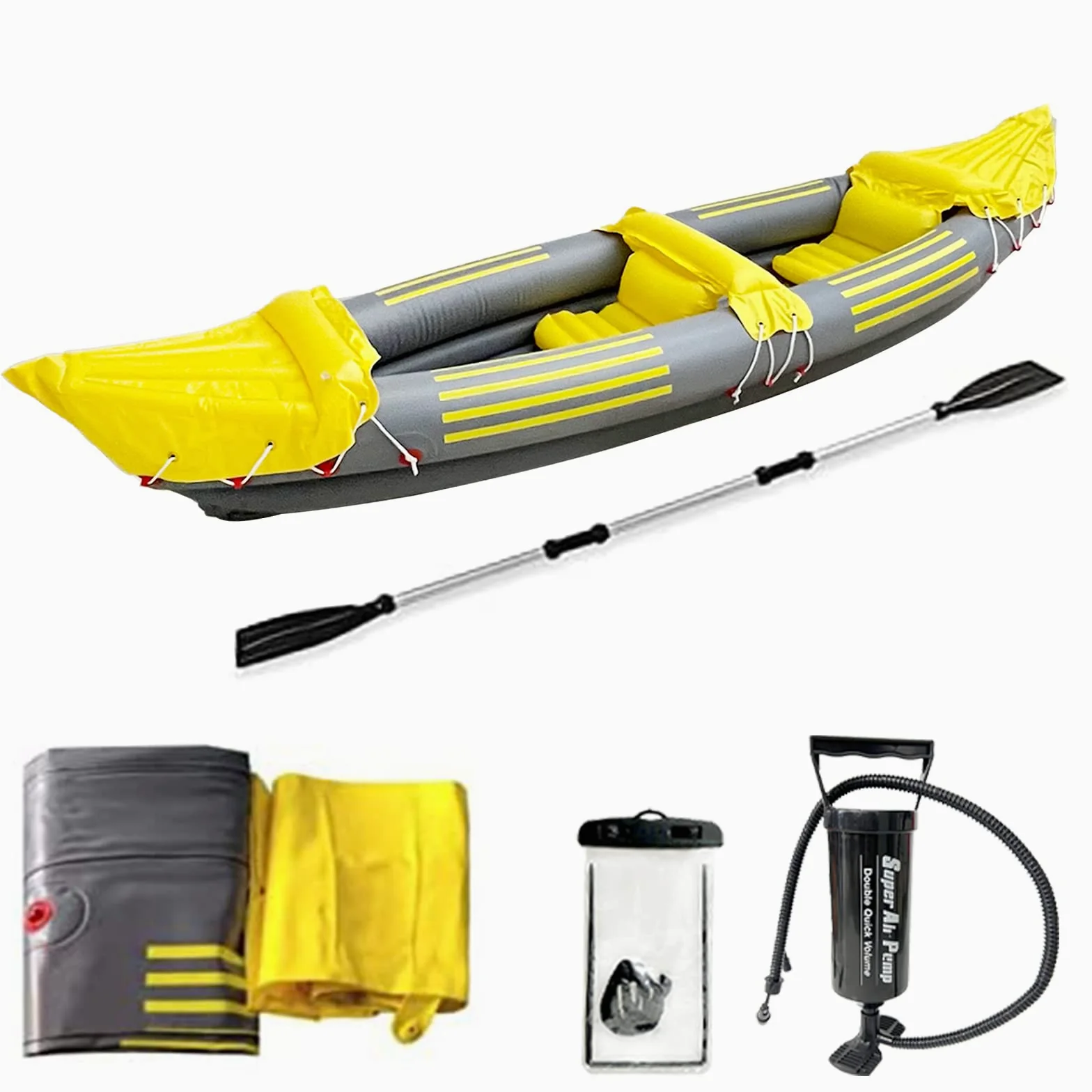 Canoa inflable del barco del kayak inflable de 2 personas,Kayak inflable de la pesca de la serie profesional amarilla con los remos de aluminio, bomba