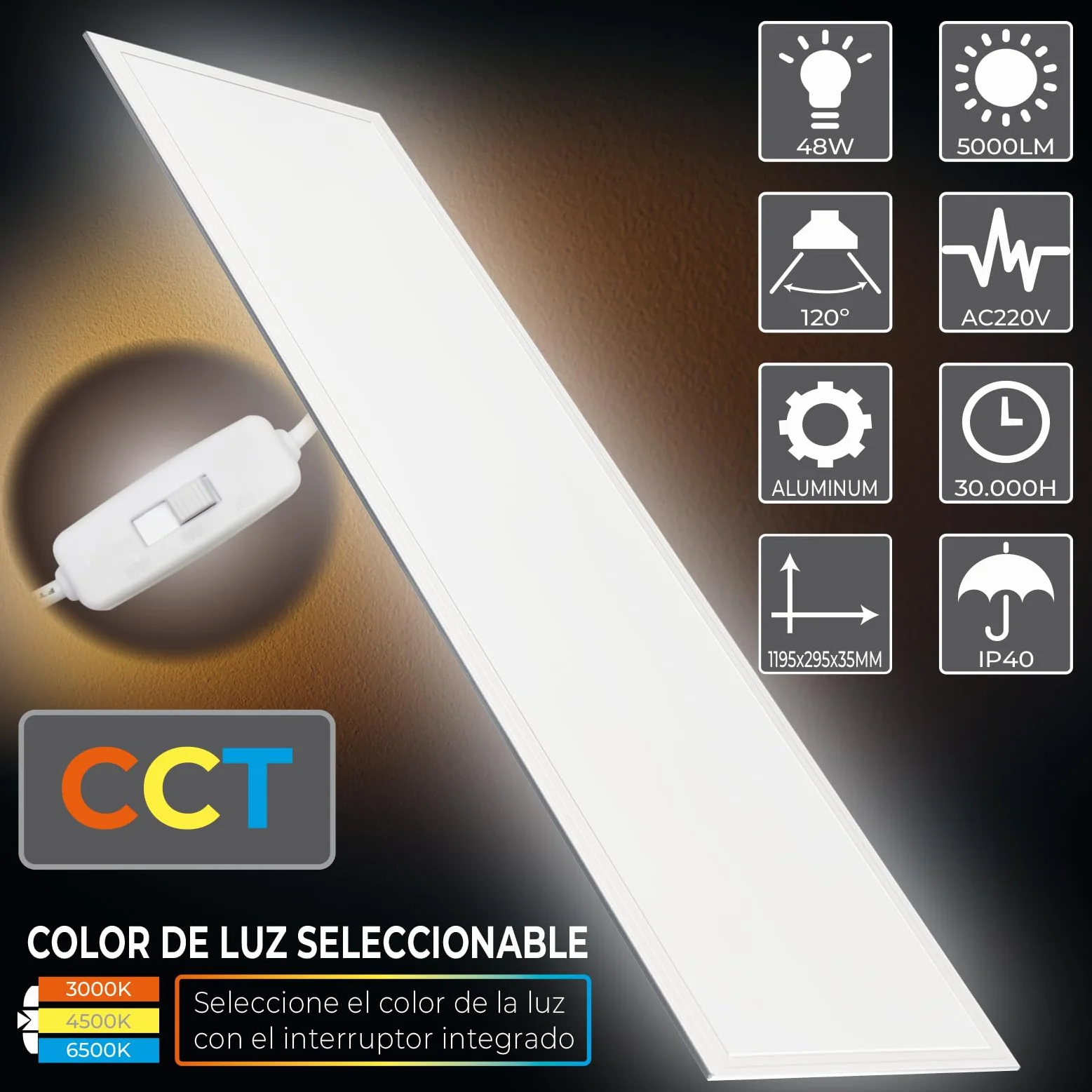 Panel LED Empotrable 120x30cm 48W CCT 5000 Lúmenes