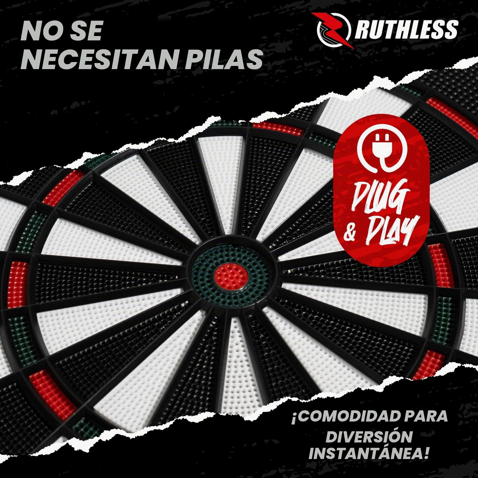 Ruthless - Tablero de dardos electrónico Ruthless R500 en gabinete - Punta blanda - incluye 4 juegos de dardos - para 8 jugadores - 27 juegos
