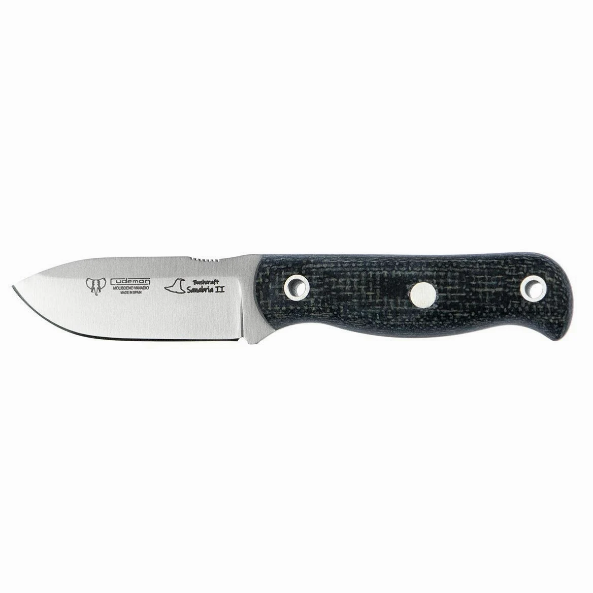 Cuchillo Cudeman 182-T Mini SANABRIA II BUSHCRAFT hoja de acero ACX-380 de 7 cm empuñadura de yute negro de 8,5 cm funda de cuero para Caza, Pesca, Supervivencia y Bushcraft
