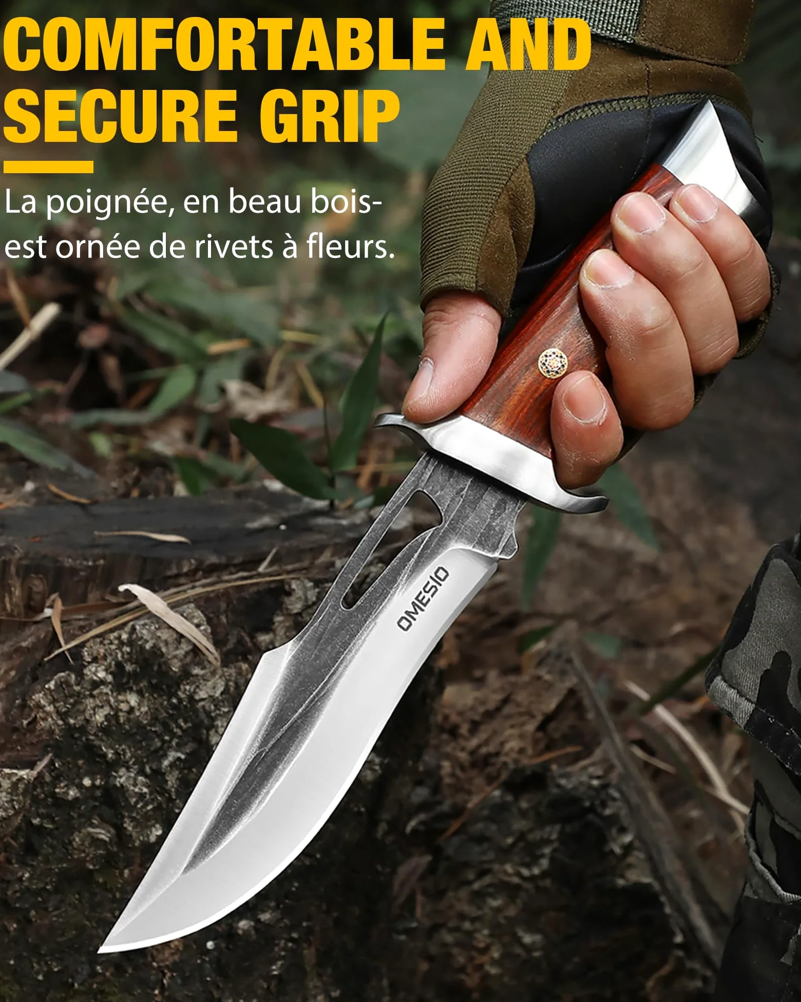 Omesio Cuchillo de Hoja Fija con Funda, 11.22'' Full Tang Cuchillos de Caza de Supervivencia para Hombres